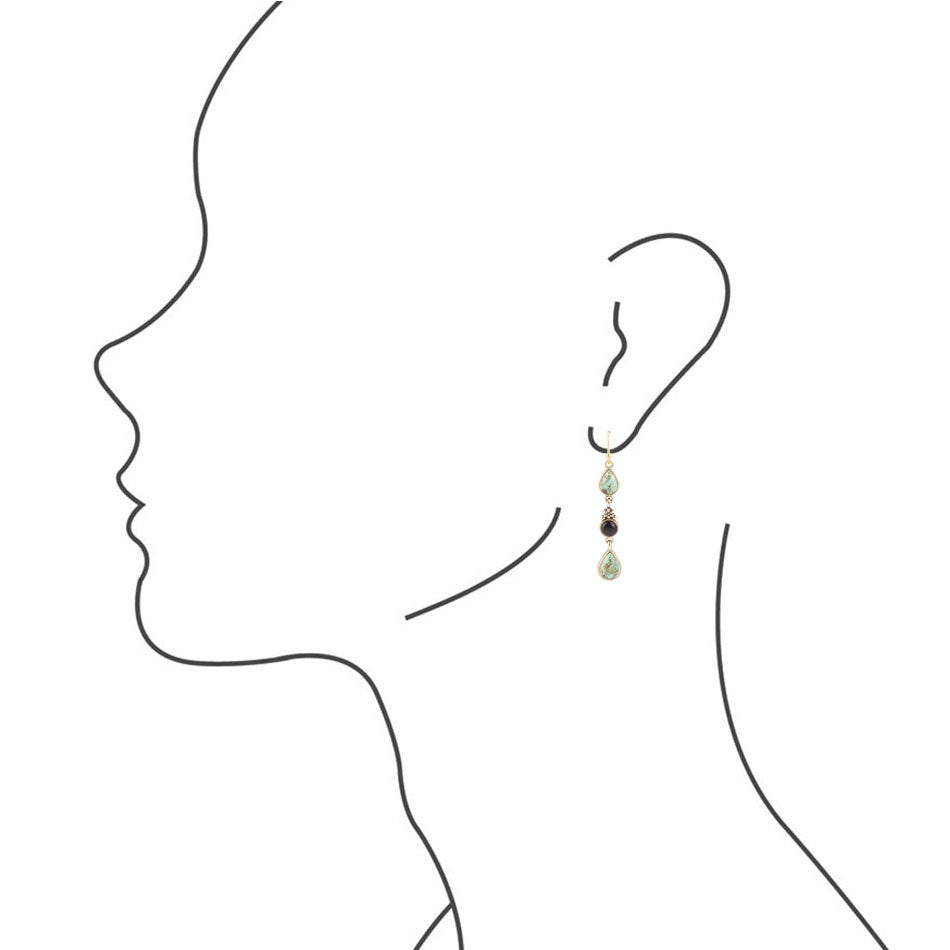 Barcelona Blue Turquoise and Black Onyx Linear Drop Golden Earrings Barse Jewelry