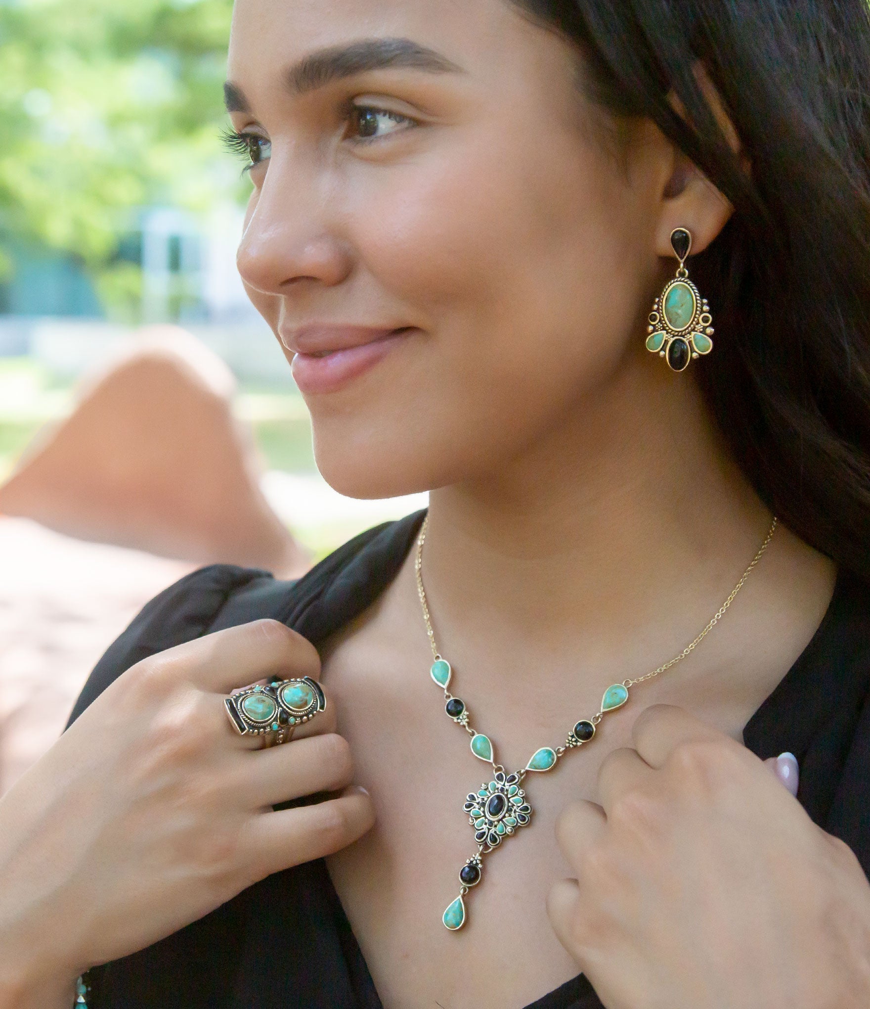 Barcelona Blue Turquoise and Black Onyx Post Drop Golden Earrings Barse Jewelry