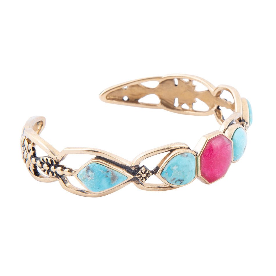 Blue Turquoise and Red Quartz Golden Cuff Bracelet Barse Jewelry