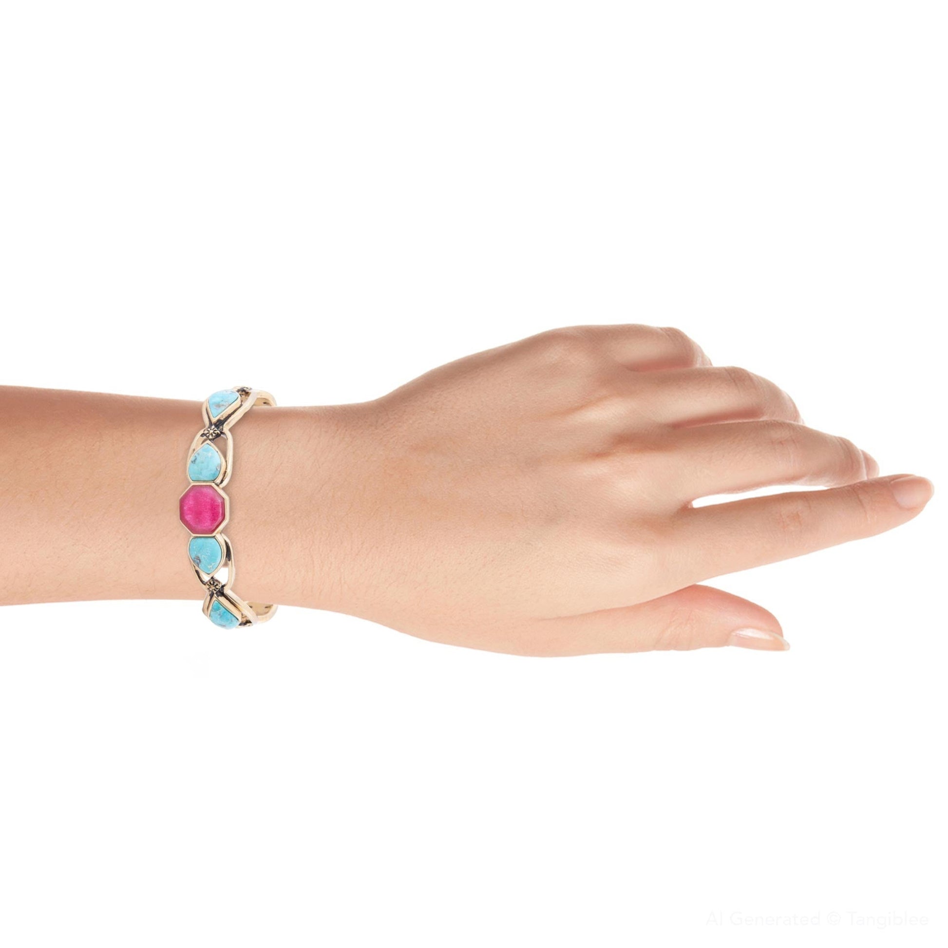 Blue Turquoise and Red Quartz Golden Cuff Bracelet Barse Jewelry