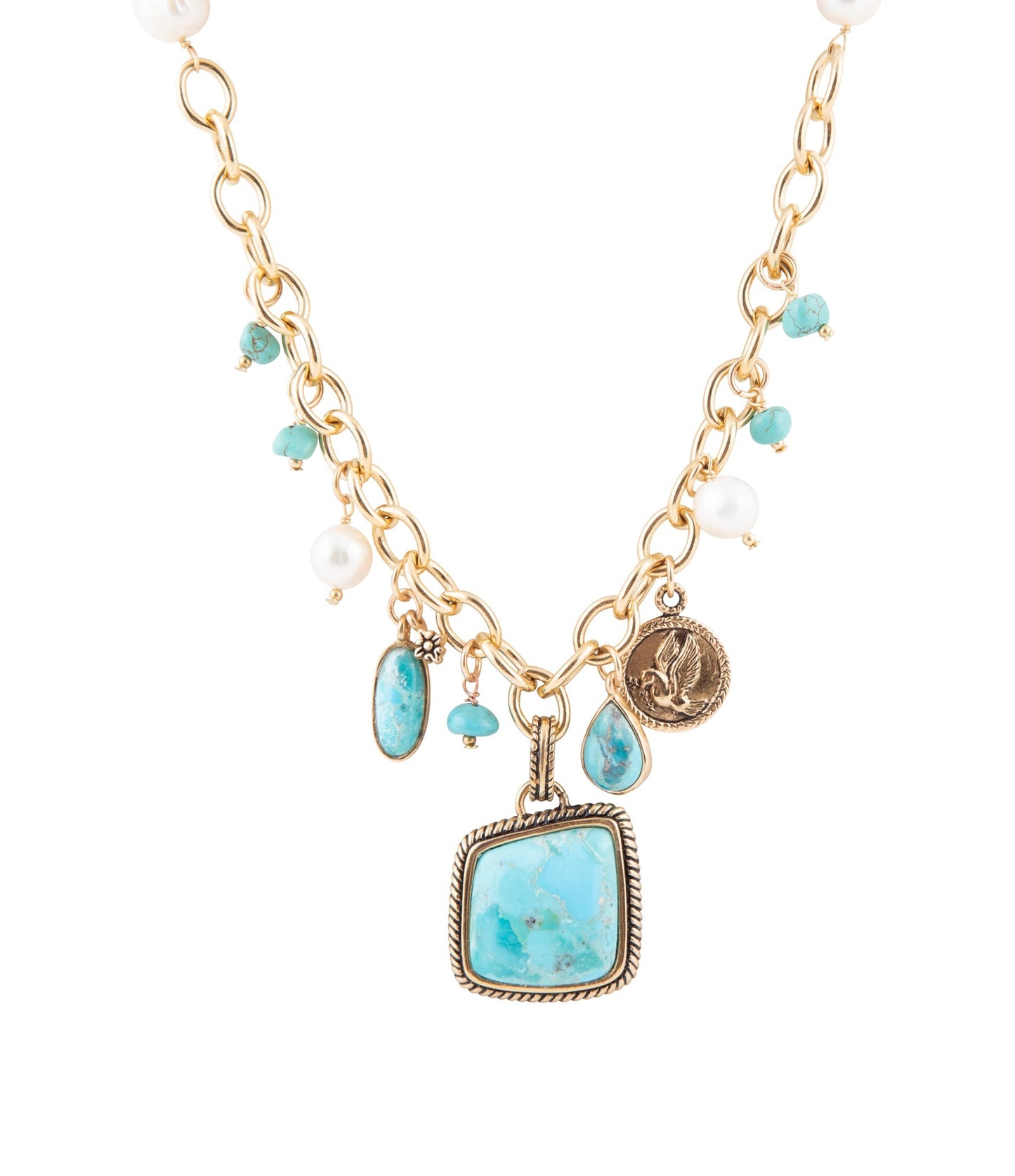 Blue Turquoise and White Pearl Multi Pendant Golden Necklace Barse Jewelry