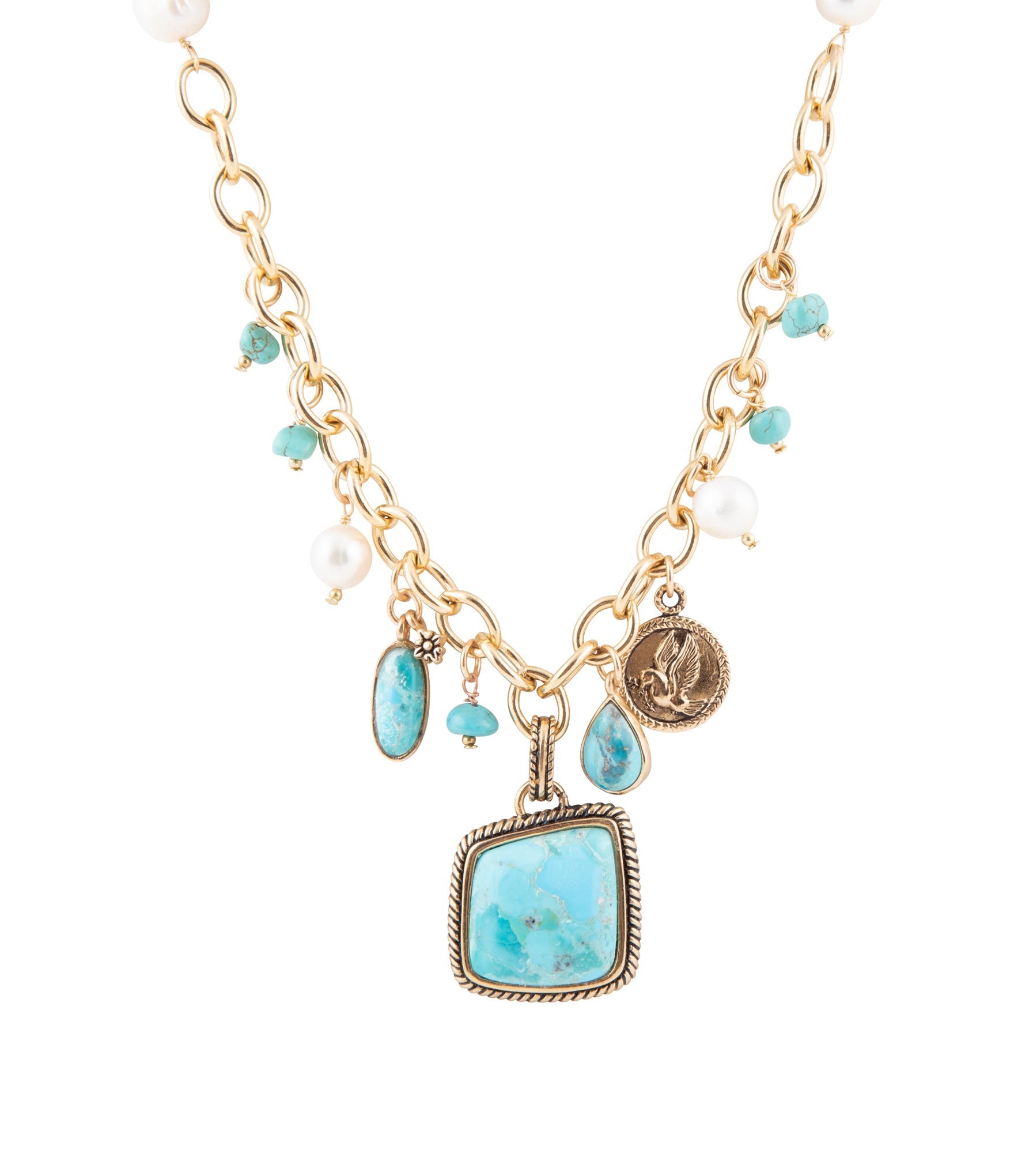 Blue Turquoise and White Pearl Multi Pendant Golden Necklace Barse Jewelry