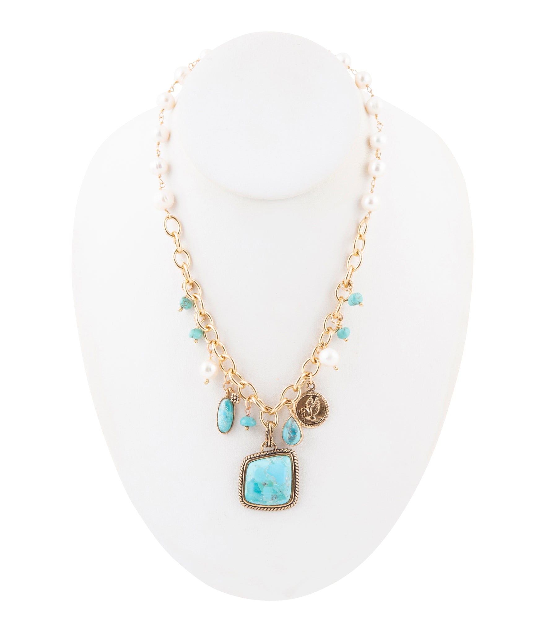 Blue Turquoise and White Pearl Multi Pendant Golden Necklace Barse Jewelry