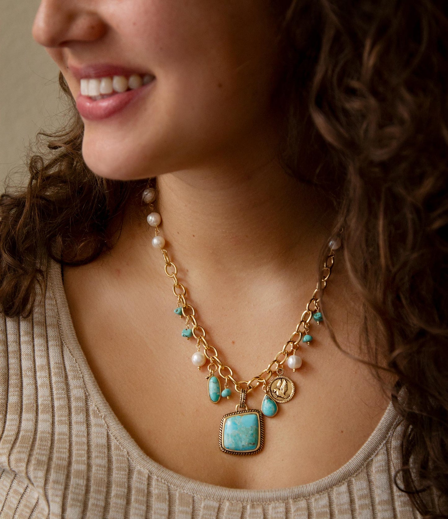 Blue Turquoise and White Pearl Multi Pendant Golden Necklace Barse Jewelry
