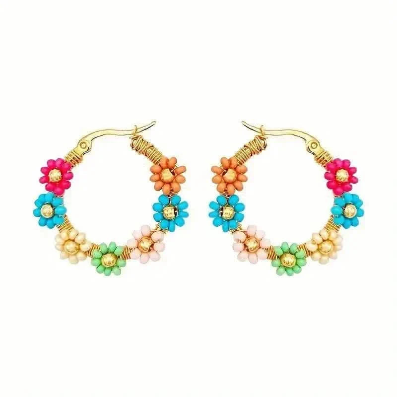 Bohemian Style Stainless Steel Beaded Flower Decor Hoop Earrings DailySale