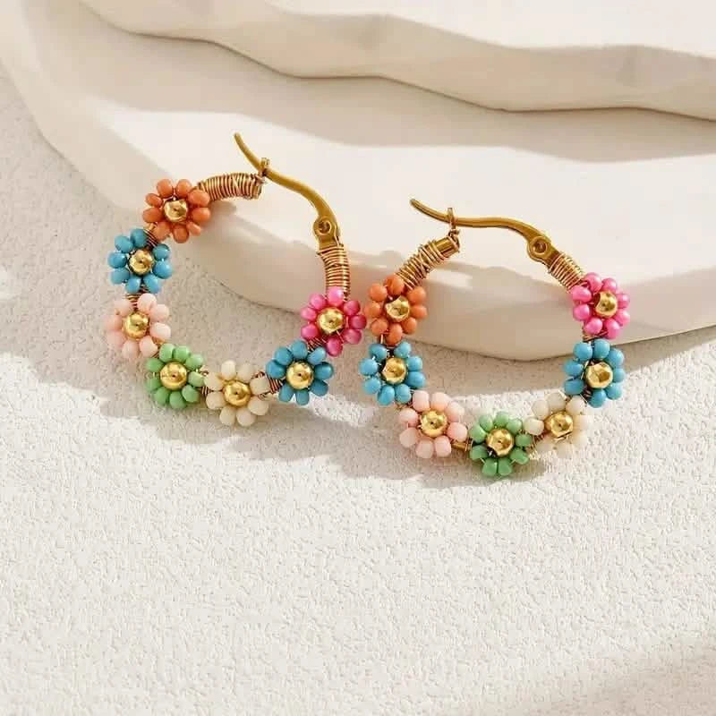 Bohemian Style Stainless Steel Beaded Flower Decor Hoop Earrings DailySale