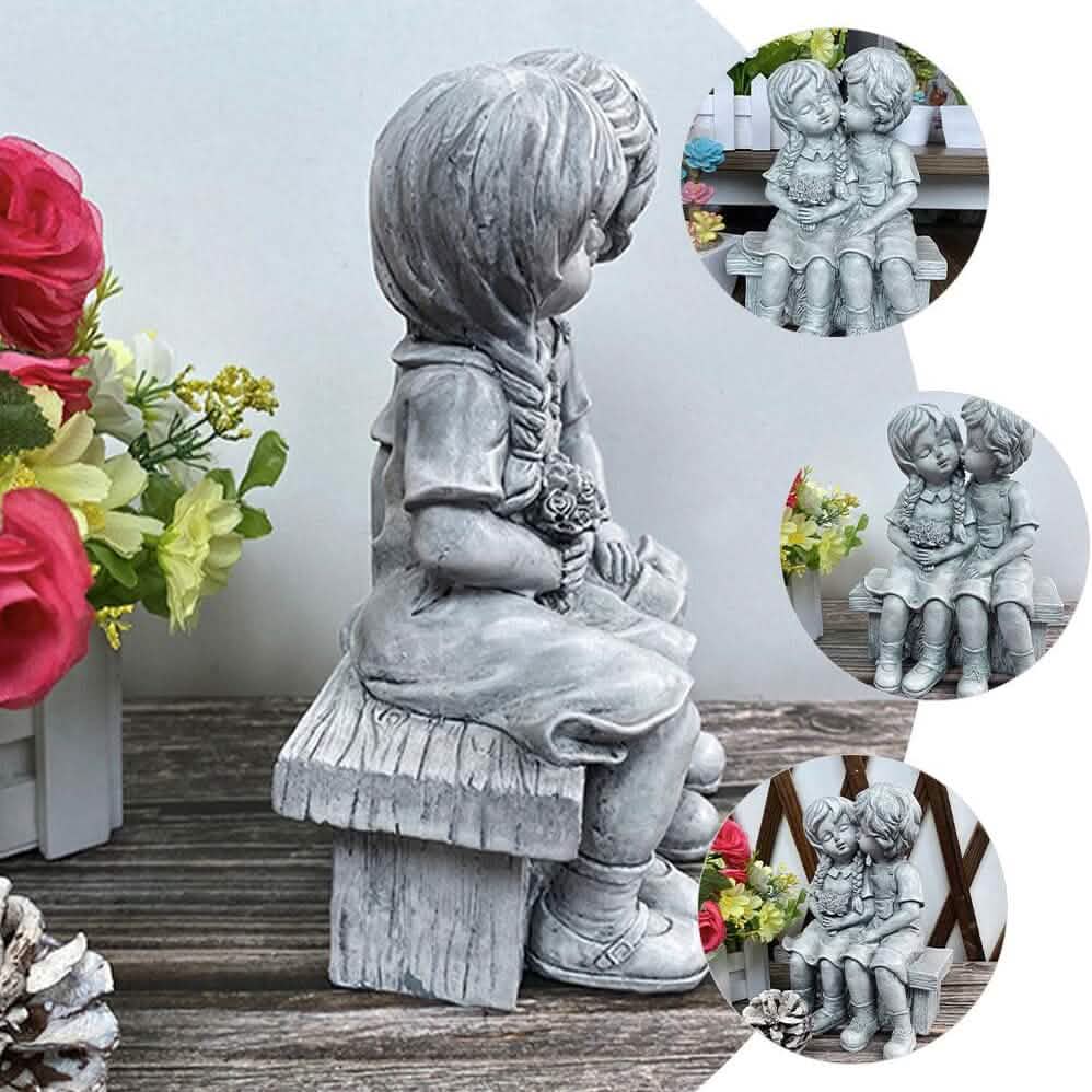 Boy Kissing Girl Statue Sitting on Bench Figurine DailySale