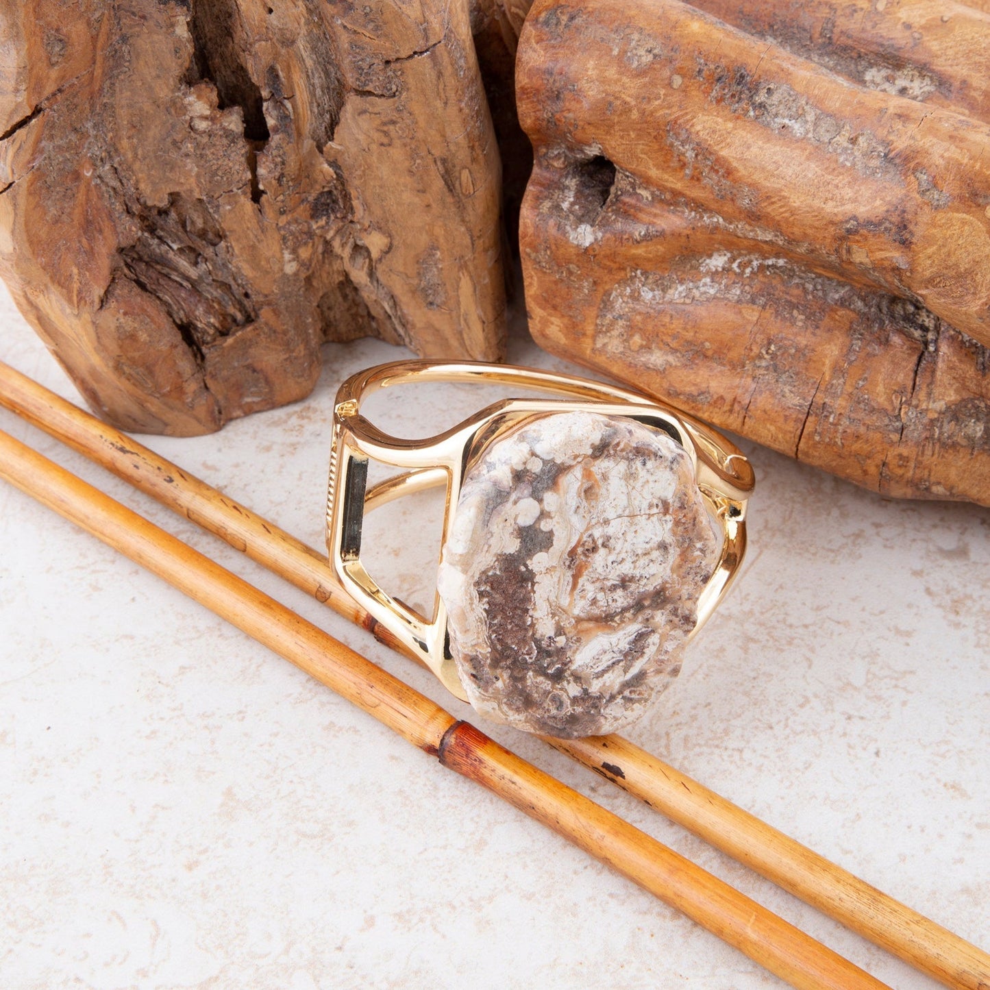 Brown Ocean Jasper Slab Golden Cuff Bracelet Barse Jewelry