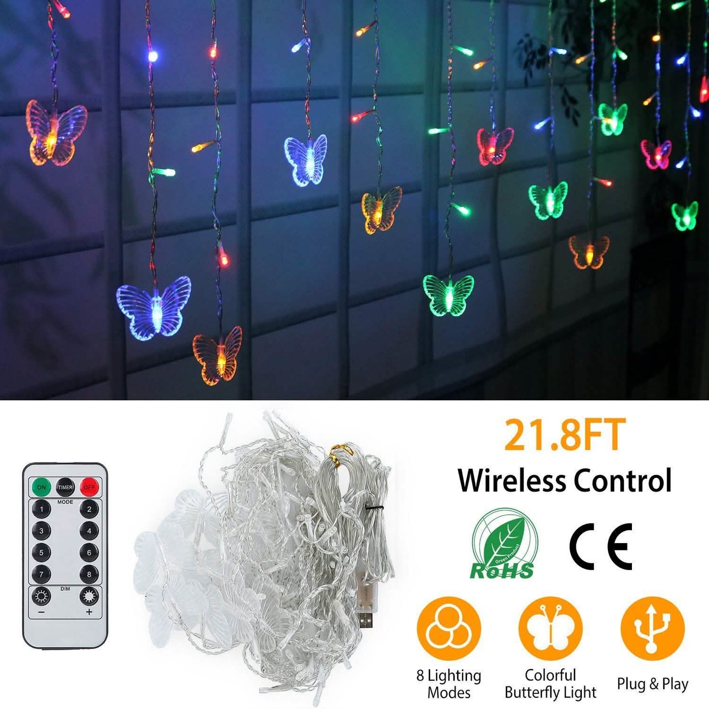 Butterfly Curtain String Lights USB Powered with 8 Modes 96 LED Remote Control DailySale