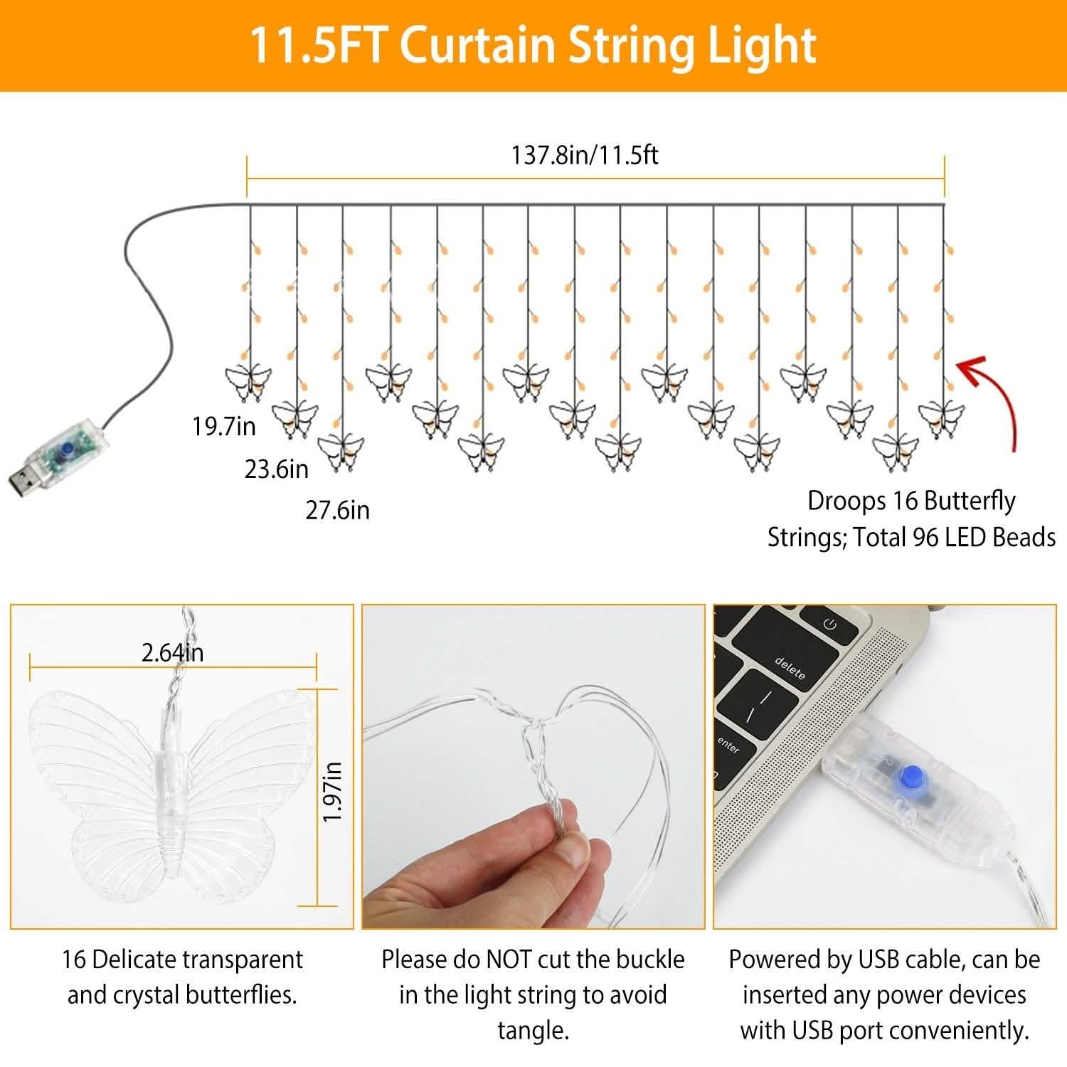 Butterfly Curtain String Lights USB Powered with 8 Modes 96 LED Remote Control DailySale