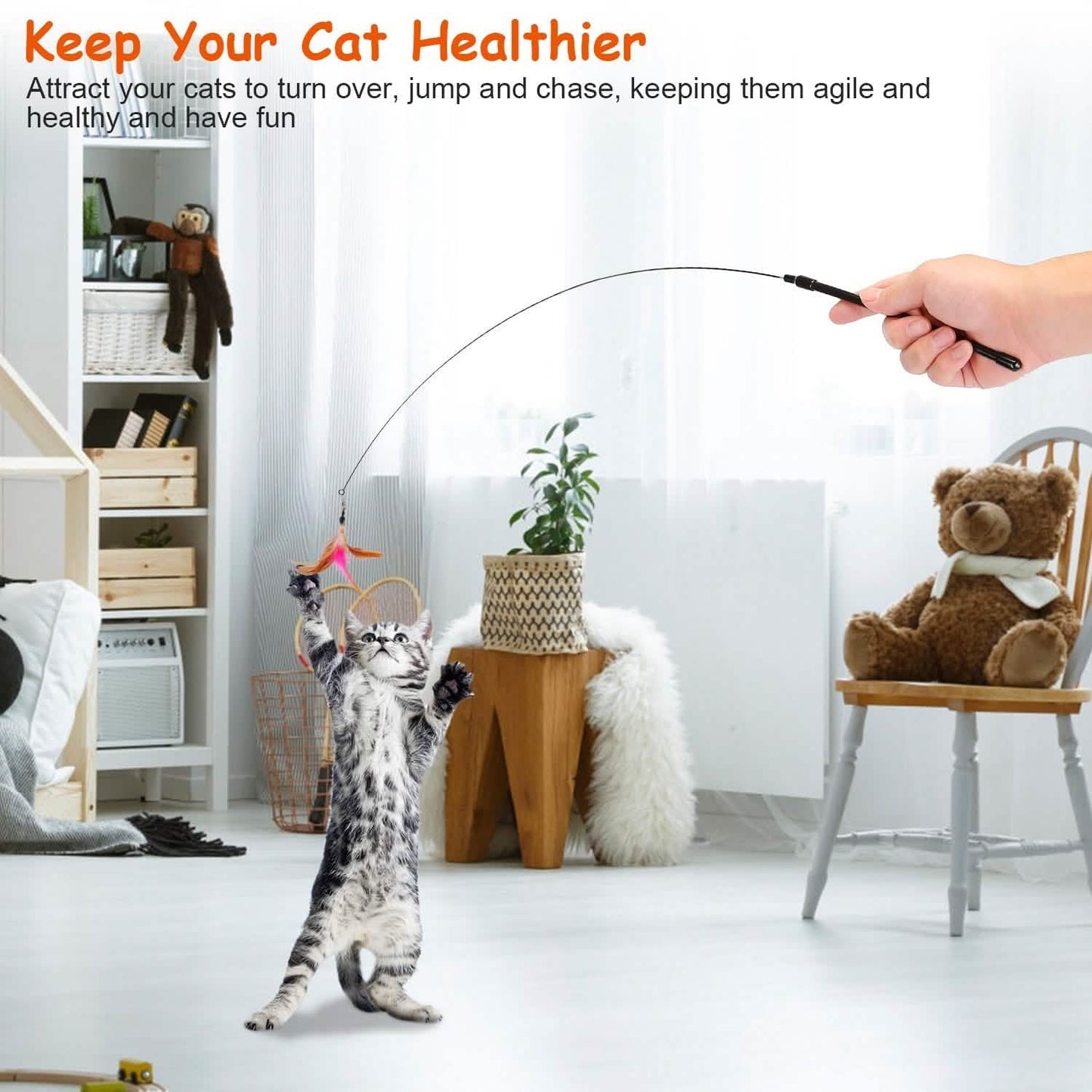 Cat Feather Wand Rod with 12 Pieces Feather Replacements for Cats DailySale