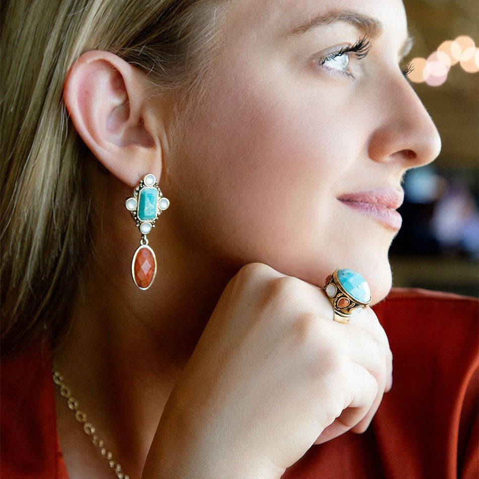Champs Blue Turquoise and Coral Golden Statement Ring Barse Jewelry