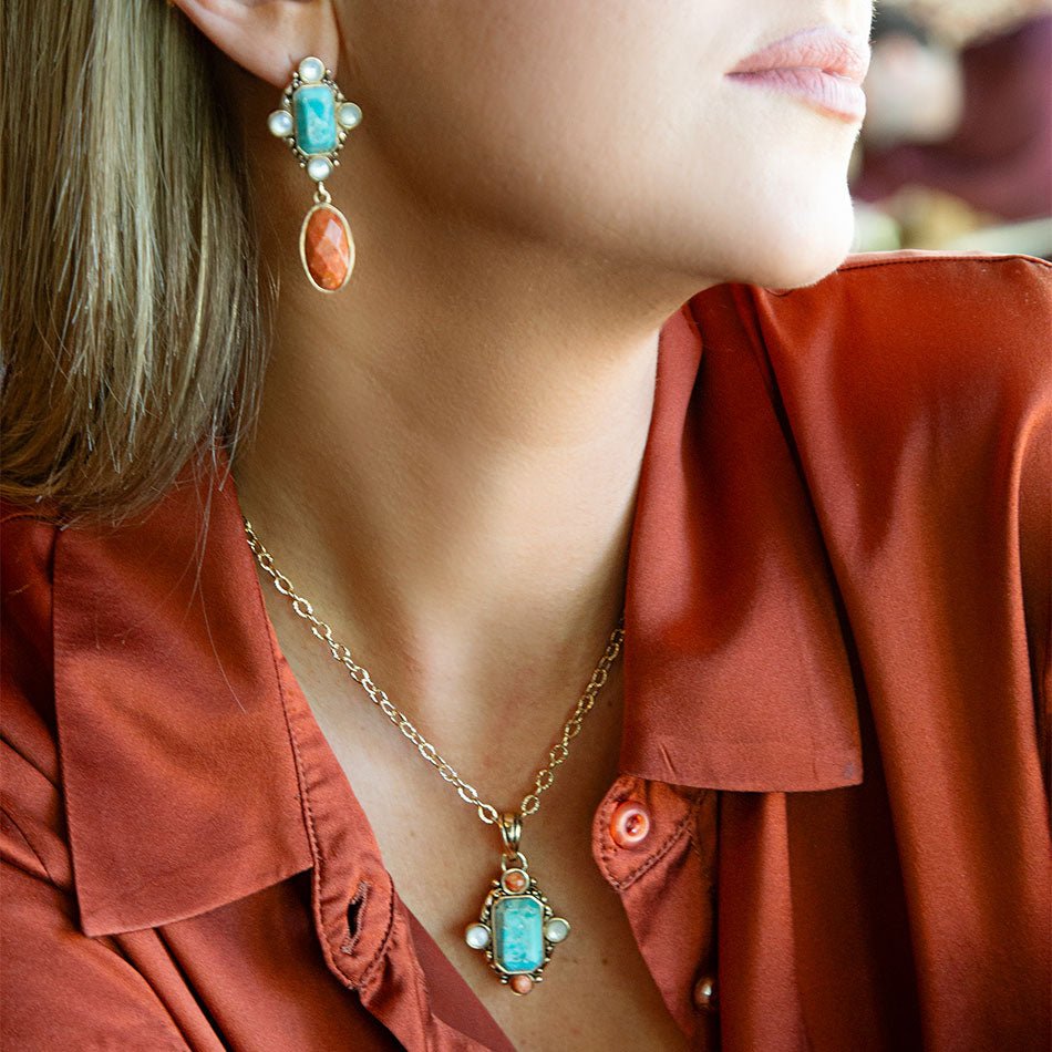 Champs Blue Turquoise and Orange Coral Golden Pendant Necklace Barse Jewelry