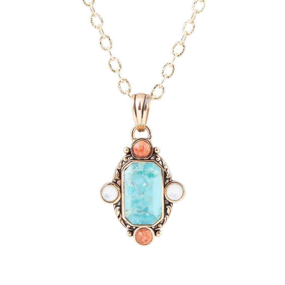 Champs Blue Turquoise and Orange Coral Golden Pendant Necklace Barse Jewelry