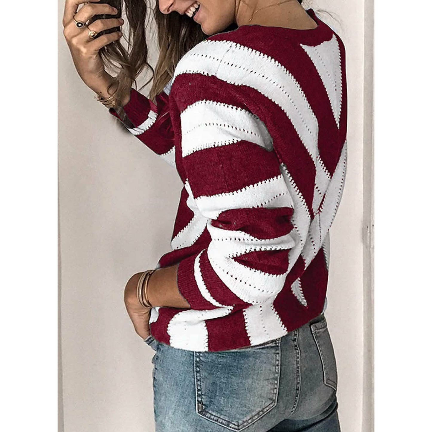 Color Block Striped V Neck Sweater for Women Long Sleeve Knit Pullover Jumper Tops DailySale