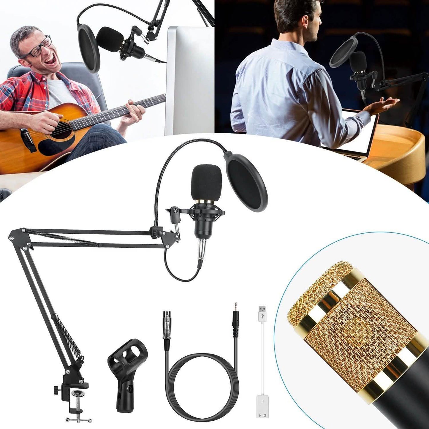 Condenser Microphone Bundle Shock Mount with Adjustable Boom Arm Sound Card DailySale