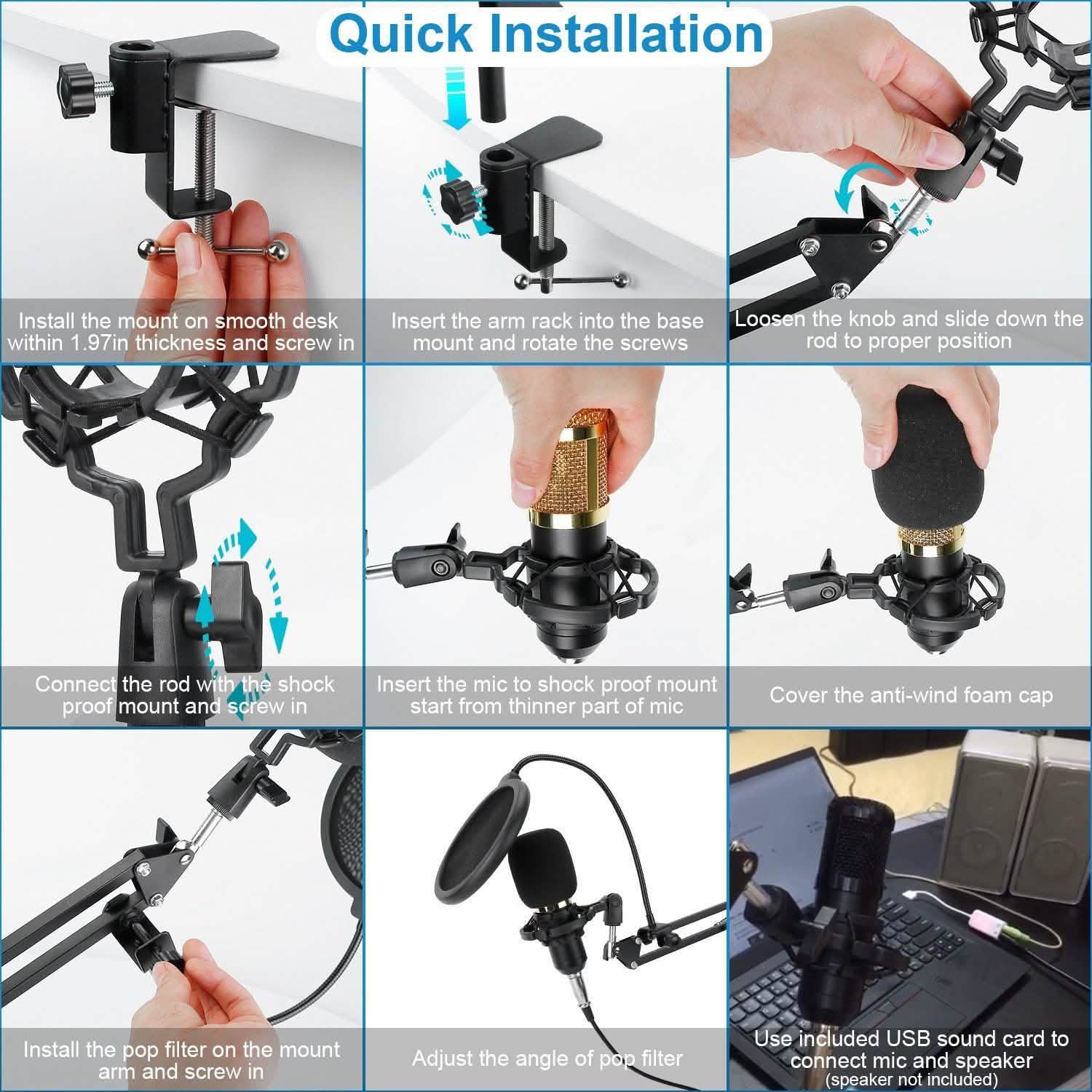 Condenser Microphone Bundle Shock Mount with Adjustable Boom Arm Sound Card DailySale