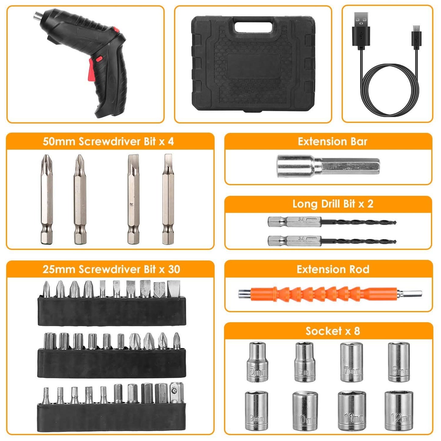 Cordless Electric Screwdriver Set with LED Work Light USB Rechargeable DailySale