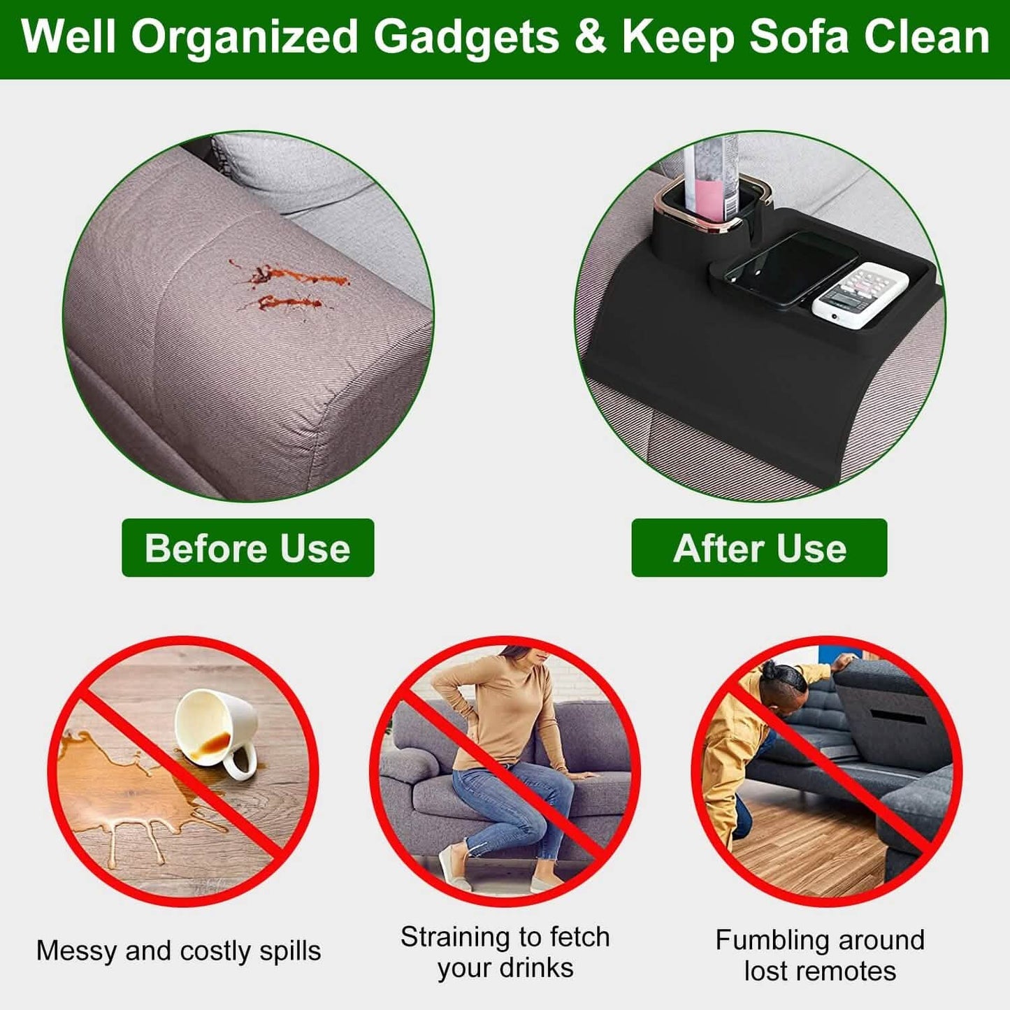 Couch Arm Cup Holder Tray Anti-spill Anti-slip Silicone Armrest Remote Snack Organizer DailySale