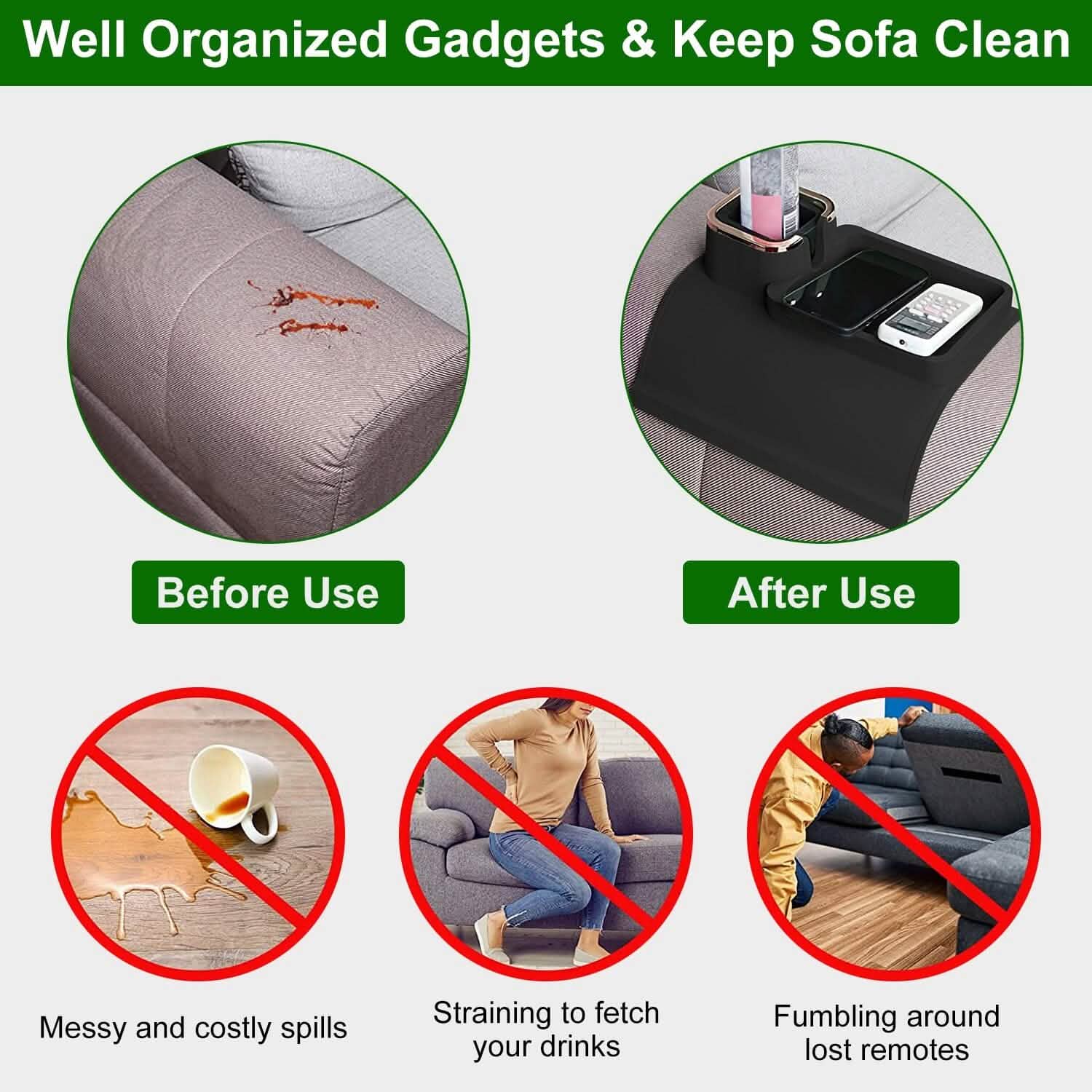 Couch Arm Cup Holder Tray Anti-spill Anti-slip Silicone Armrest Remote Snack Organizer DailySale