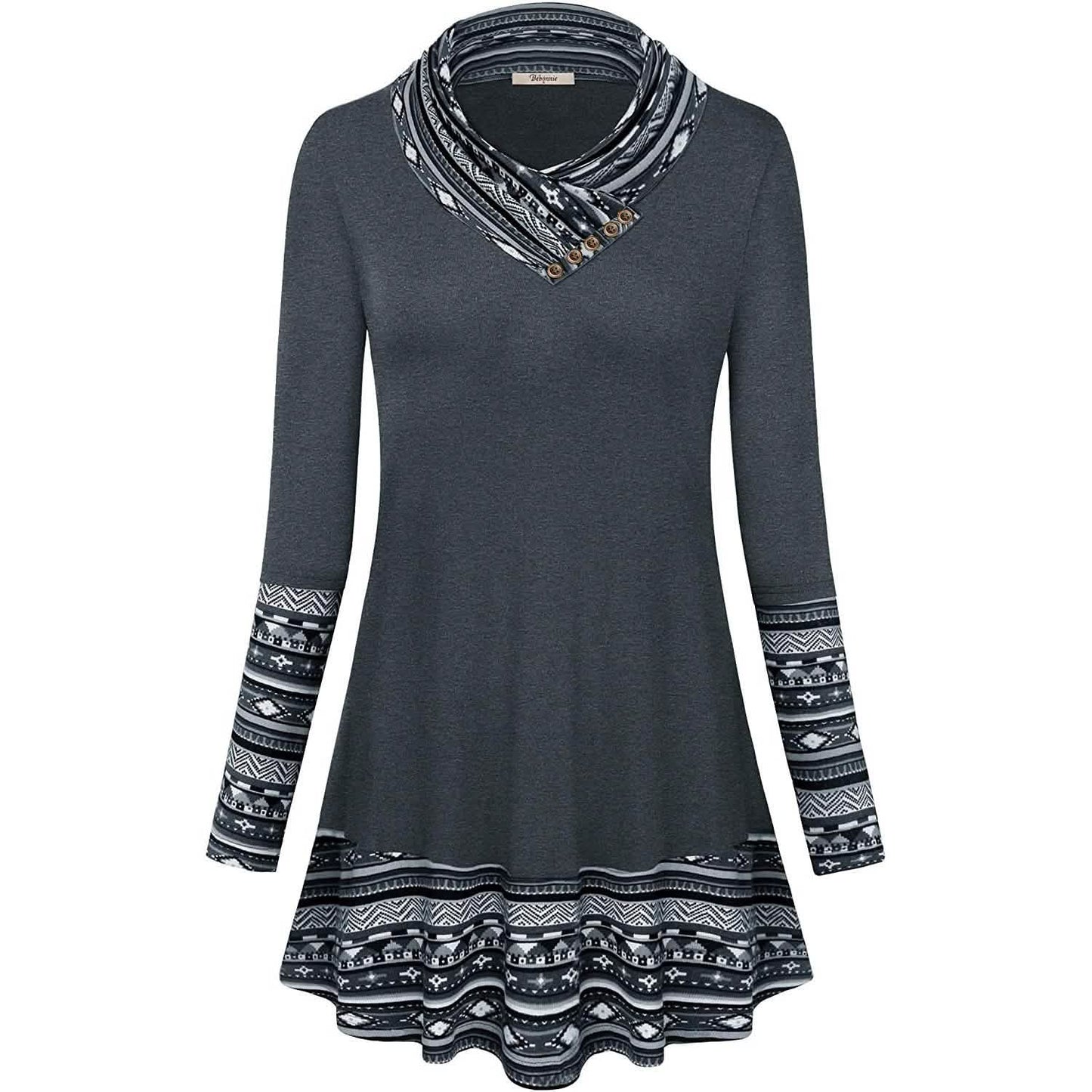 Cowl Neck Long Sleeve Patchwork Top DailySale