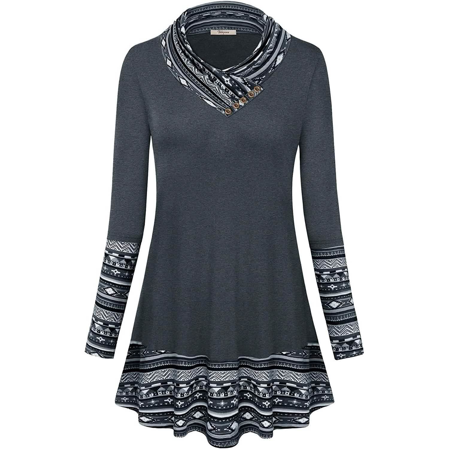 Cowl Neck Long Sleeve Patchwork Top DailySale