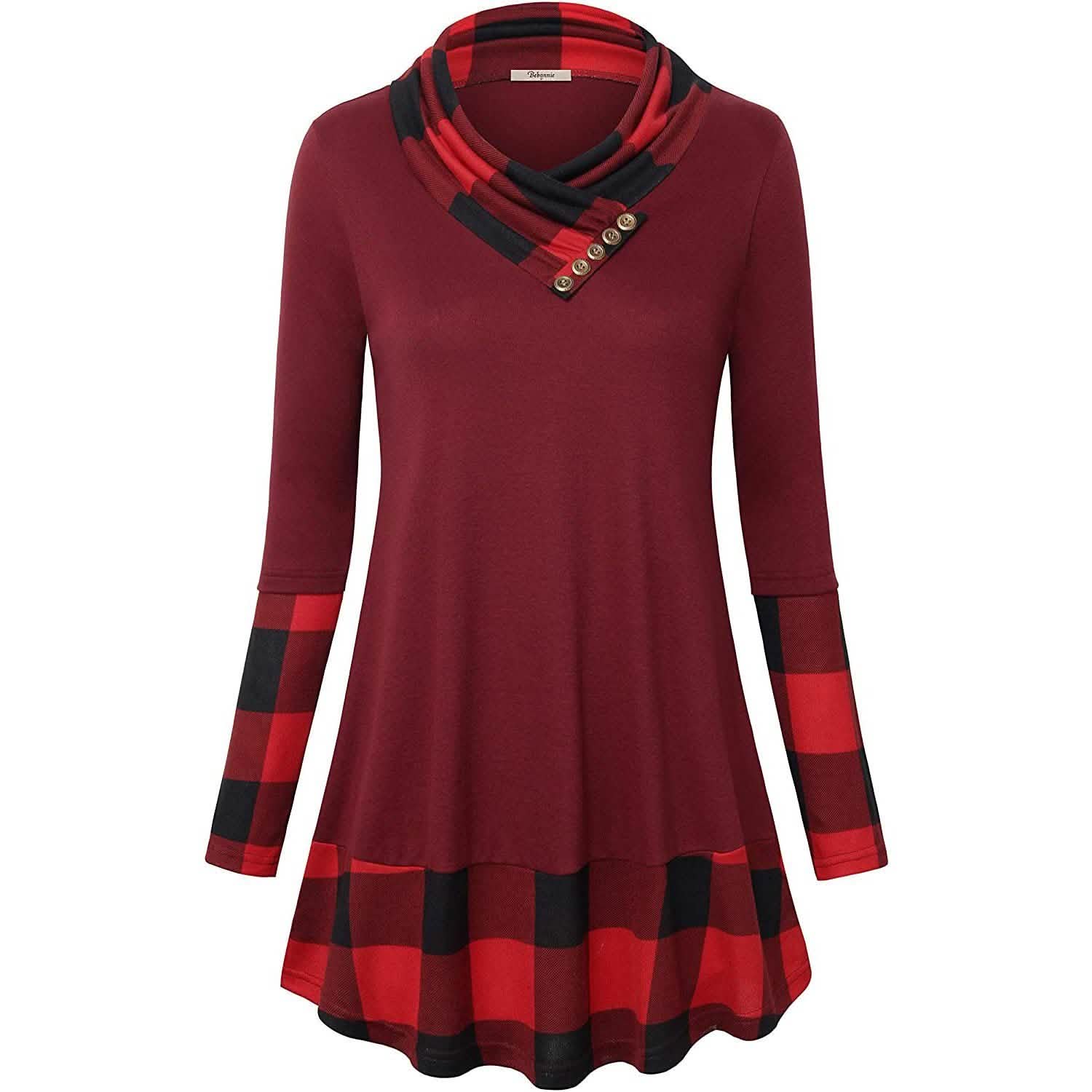 Cowl Neck Long Sleeve Patchwork Top DailySale