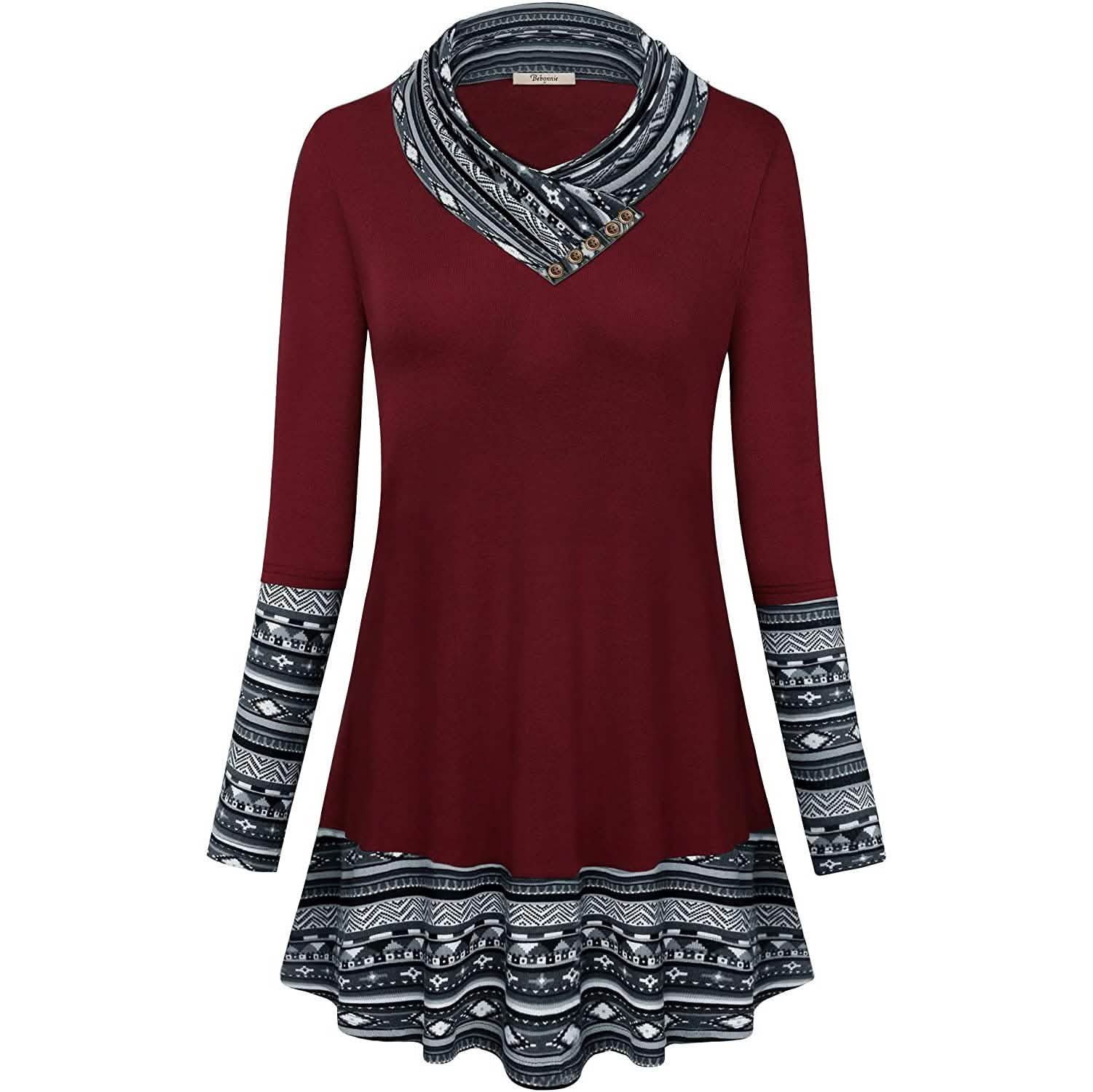 Cowl Neck Long Sleeve Patchwork Top DailySale