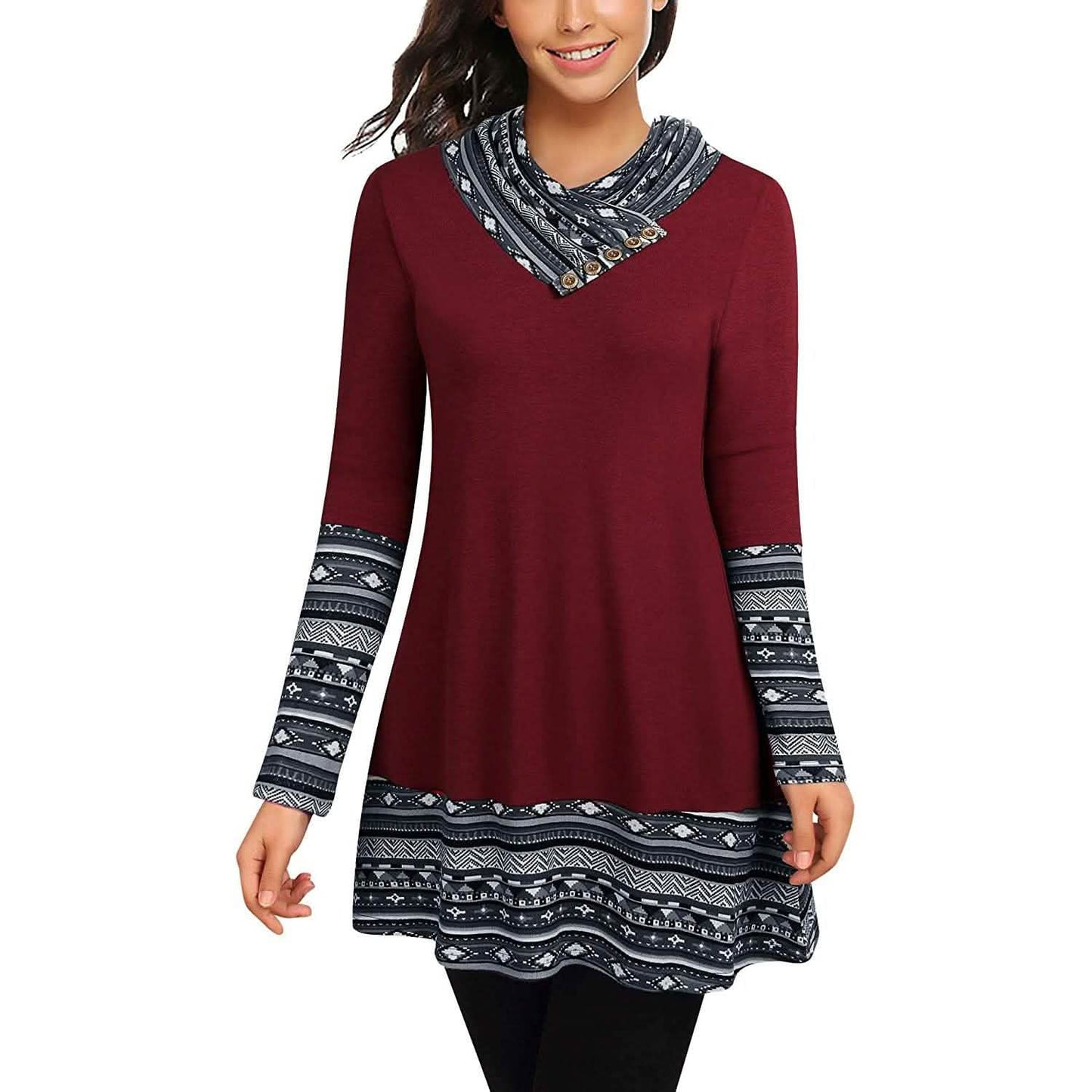 Cowl Neck Long Sleeve Patchwork Top DailySale