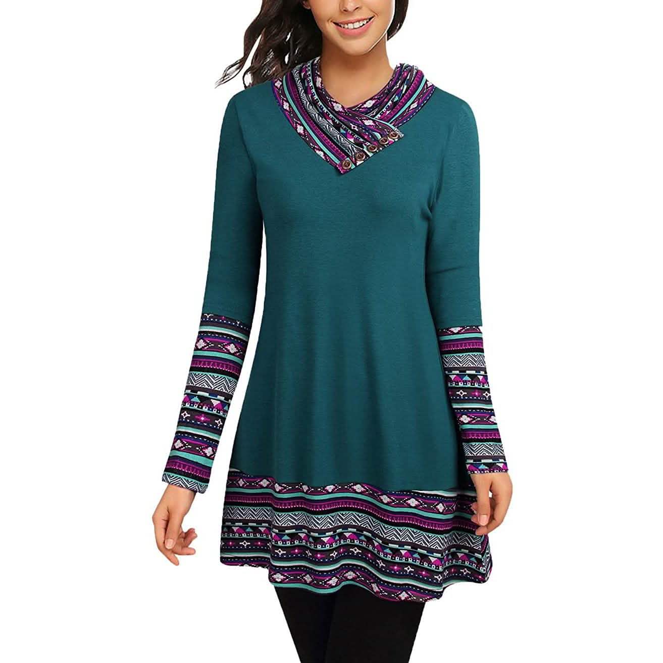 Cowl Neck Long Sleeve Patchwork Top DailySale