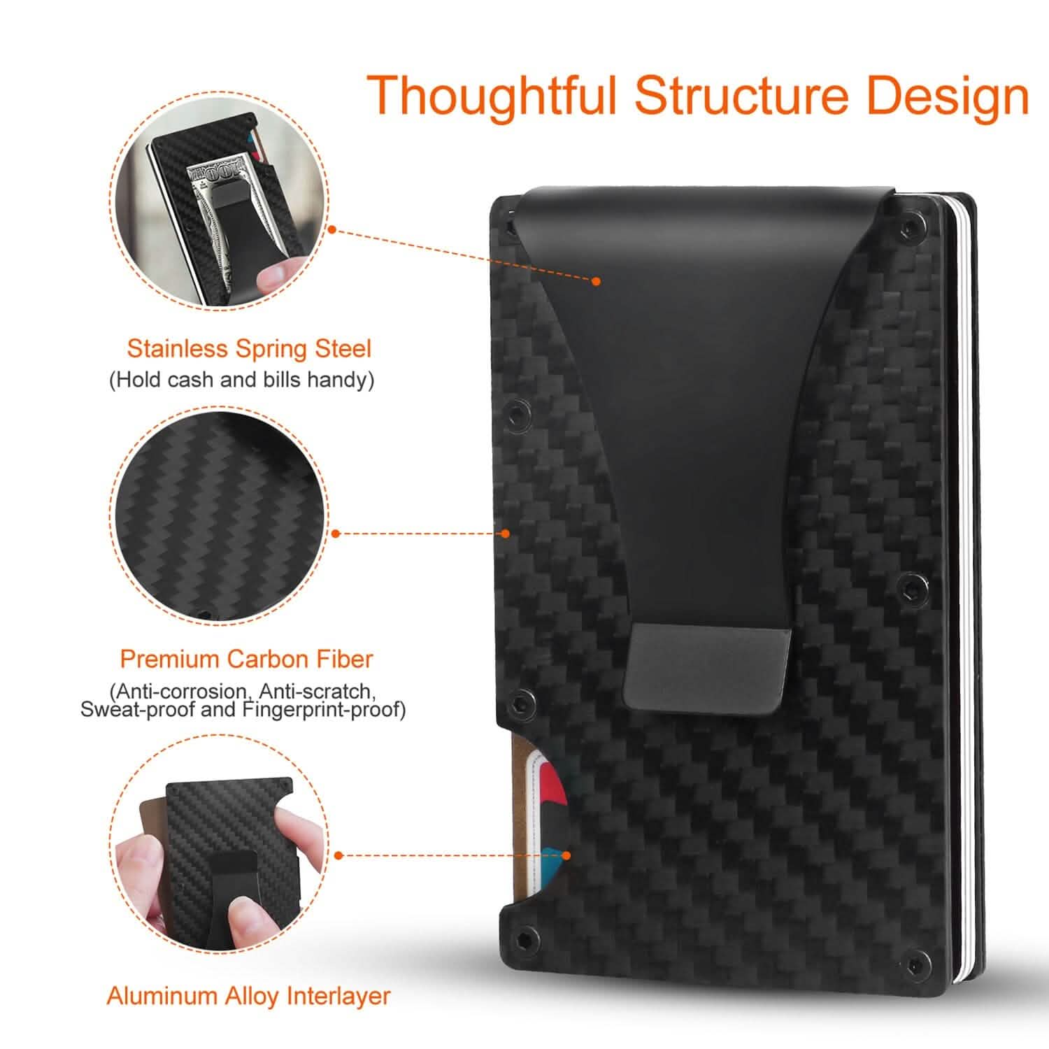 Credit Card Holder with Cash Clip Carbon Fiber RFID Blocking Scan for Men DailySale