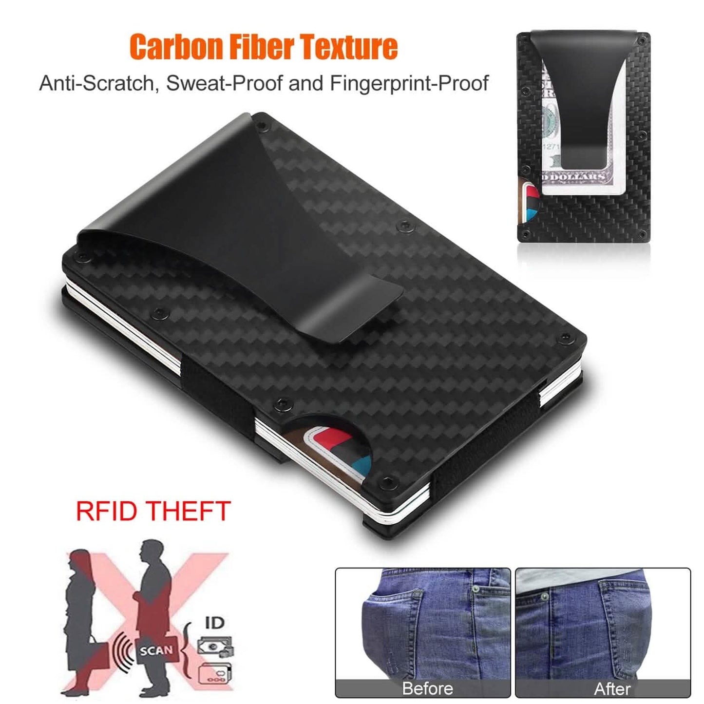 Credit Card Holder with Cash Clip Carbon Fiber RFID Blocking Scan for Men DailySale