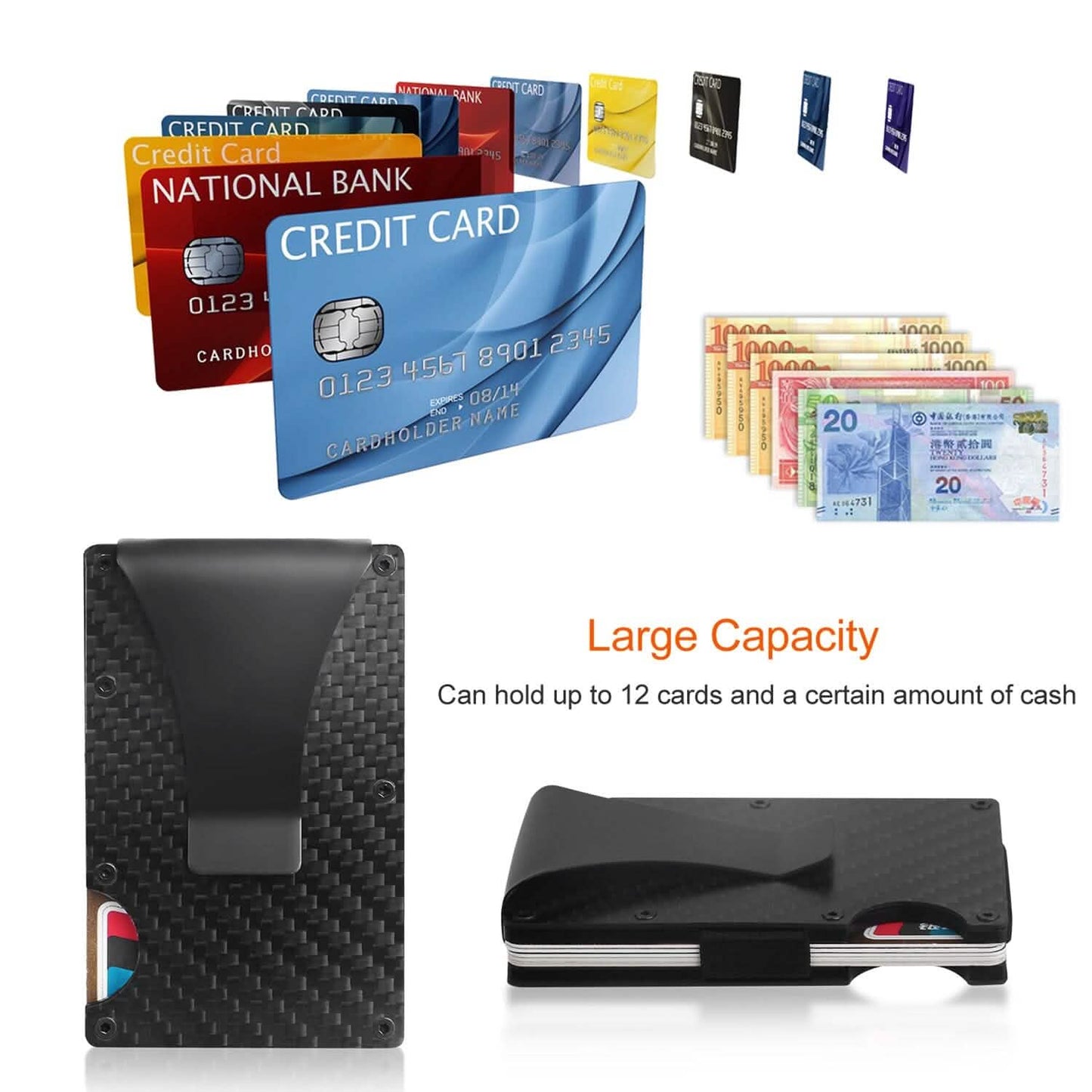Credit Card Holder with Cash Clip Carbon Fiber RFID Blocking Scan for Men DailySale