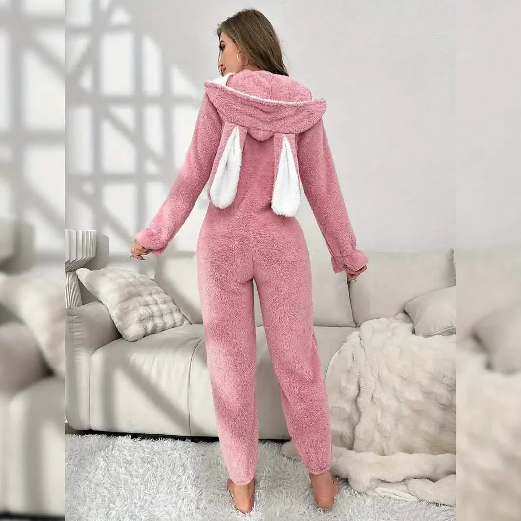 Cute Bunny Fuzzy Hooded Night Jumpsuit DailySale