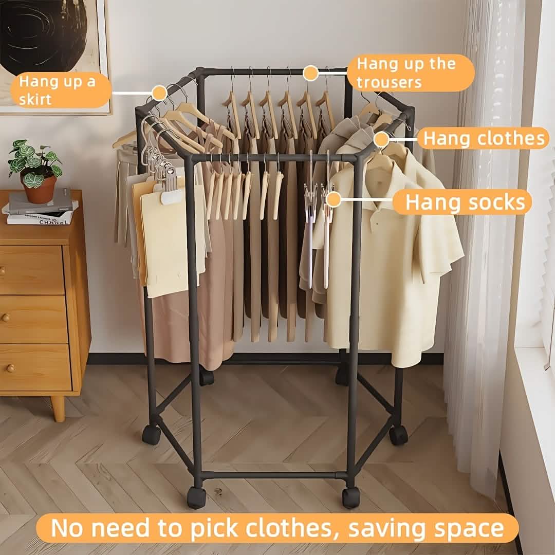 360° Rotating Freestanding Clothing Rack – Hexagonal Carbon Steel Organizer with Wheels DailySale