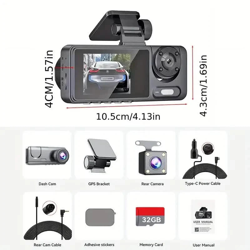 1080P Triple Dash Cam Front, Inside and Rear with 32GB Card, Night Vision, HDR & More DailySale