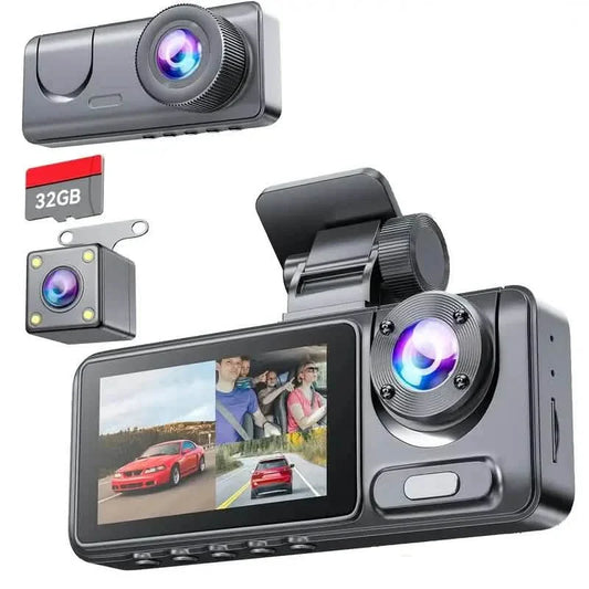 1080P Triple Dash Cam Front, Inside and Rear with 32GB Card, Night Vision, HDR & More DailySale