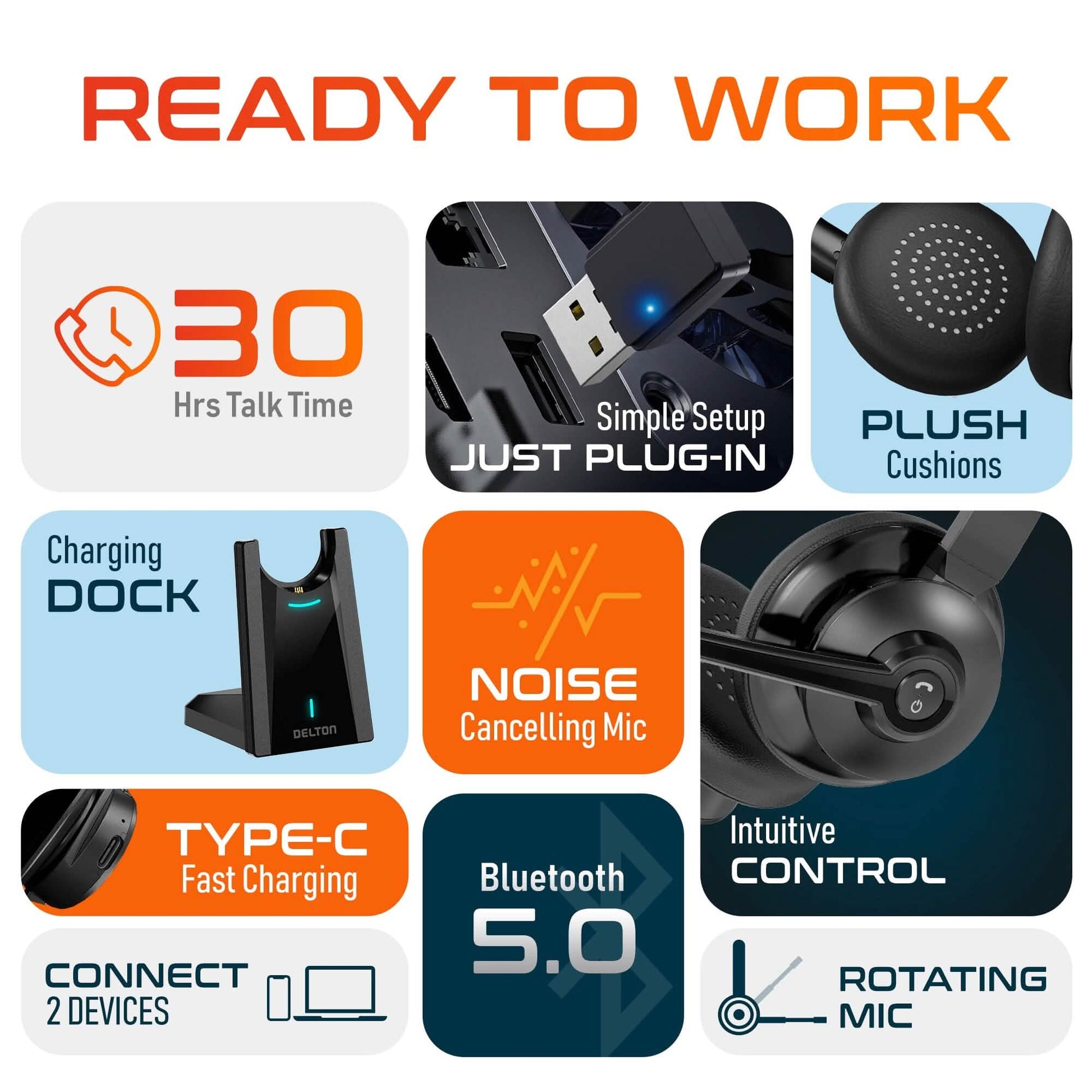 Delton 35X Bluetooth Computer Headset Wireless Headphone with Noise Cancelling Mic, Fast Charging Dock, Auto Pair USB Dongle DailySale
