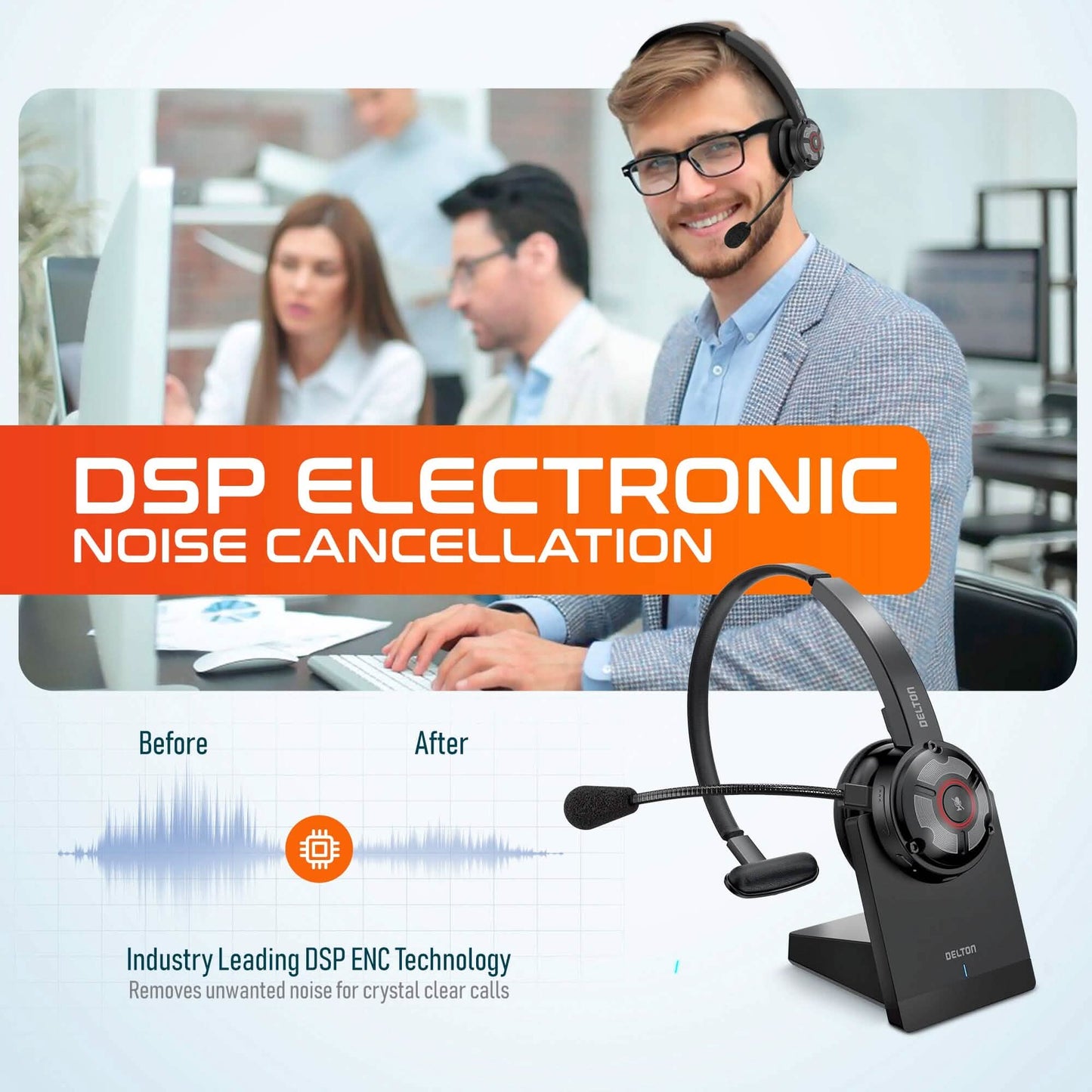 Delton 50X Noise Canceling Bluetooth or Auto Pair USB Dongle Headset with Charging Dock DailySale