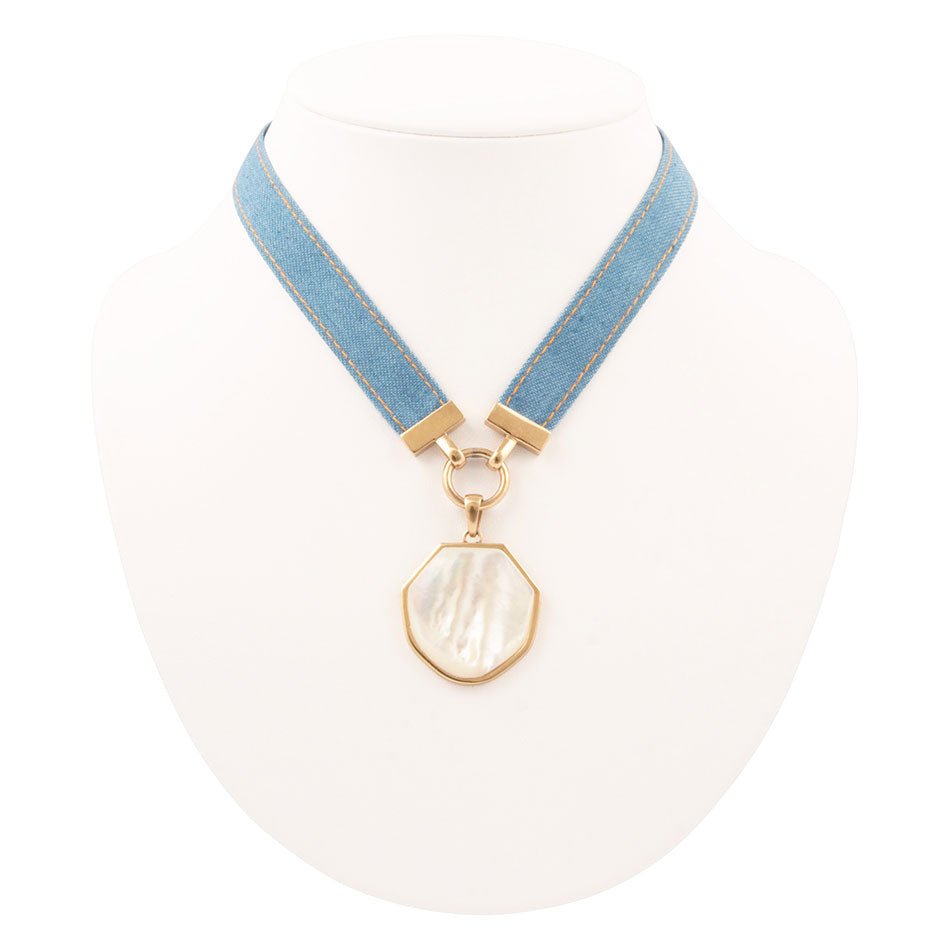 Blue Denim Dreams White Mother of Pearl Ribbon Golden Pendant Necklace Barse Jewelry