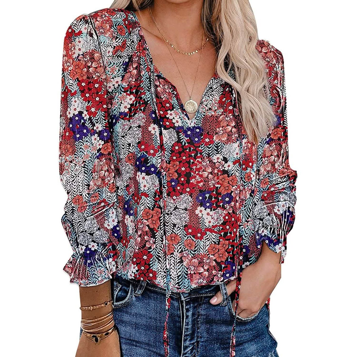 Dokotoo Women's Casual Boho Floral Printed V-Neck Top DailySale