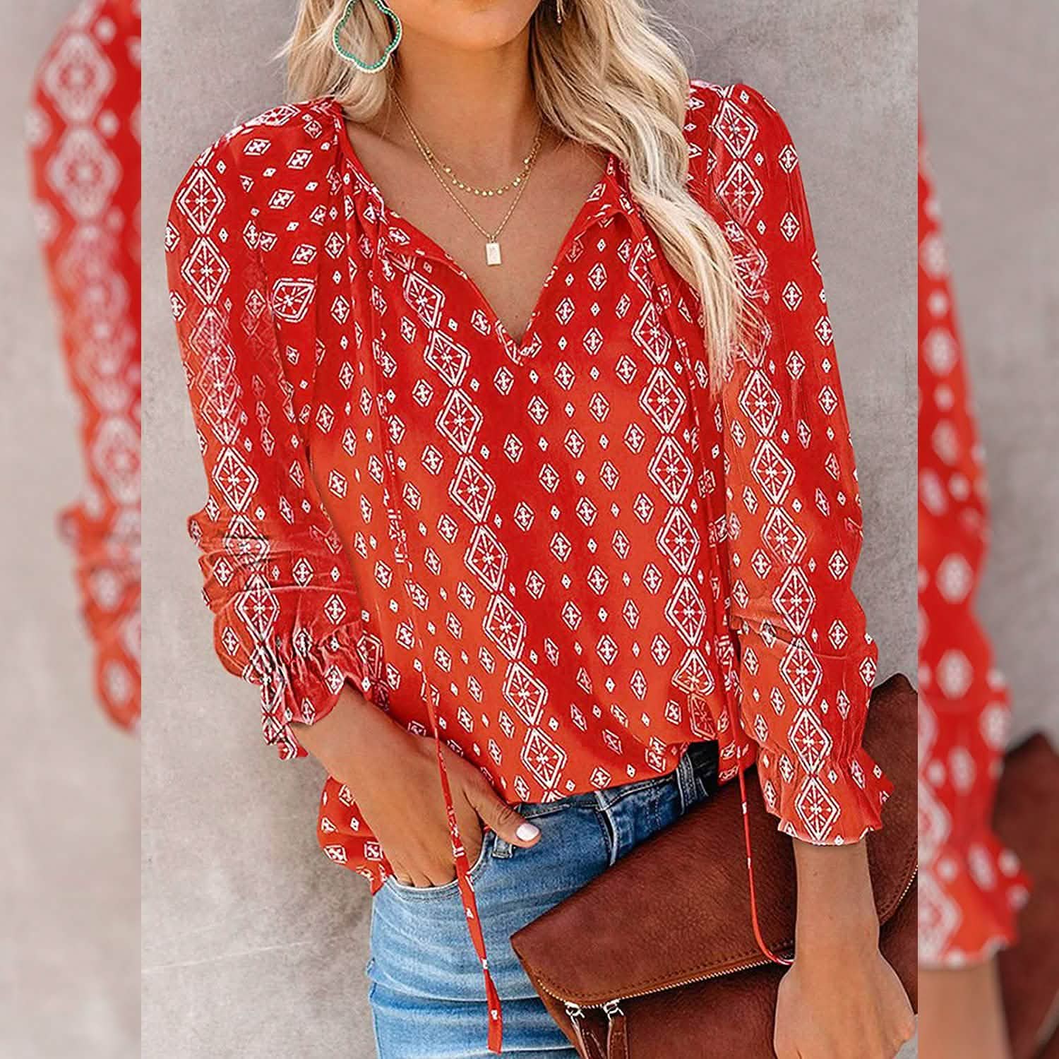 Dokotoo Women's Casual Boho Floral Printed V-Neck Top DailySale