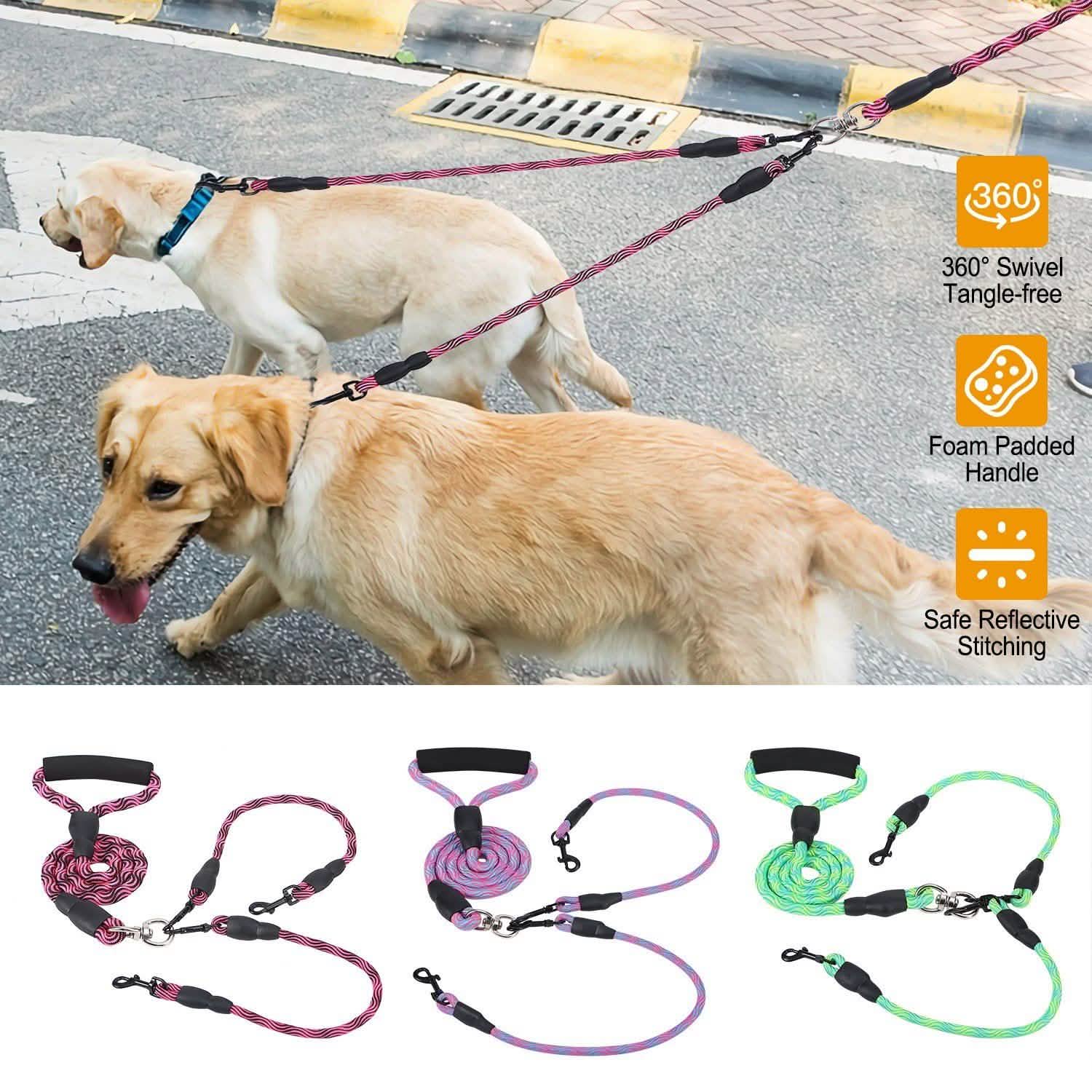 Double Dog Leash No-Tangle with Swivel Coupler Padded Handle DailySale