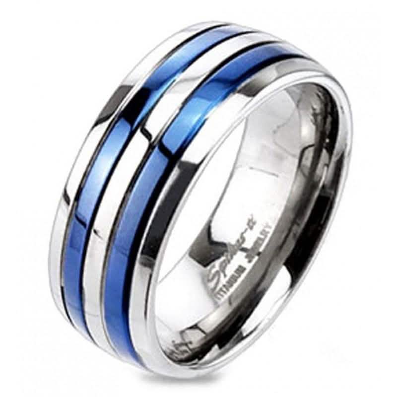 Double Striped Blue IP Band Ring Solid Titanium DailySale