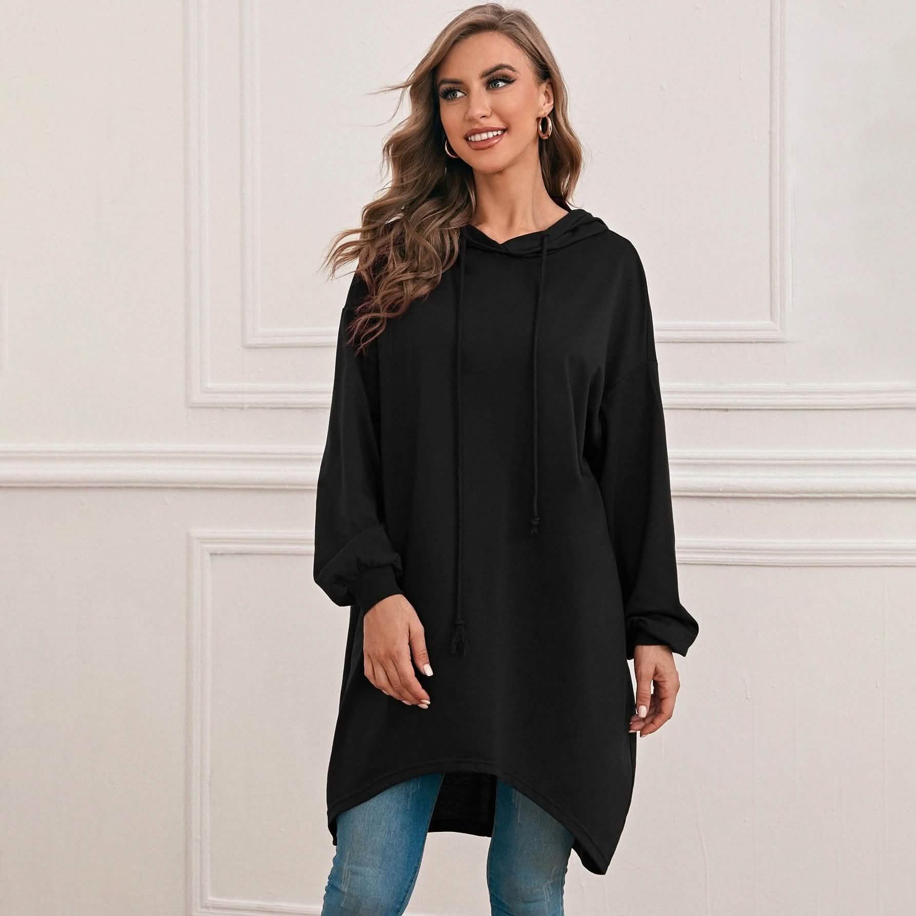 Drop Shoulder Dip Hem Thermal Longline Hoodie DailySale