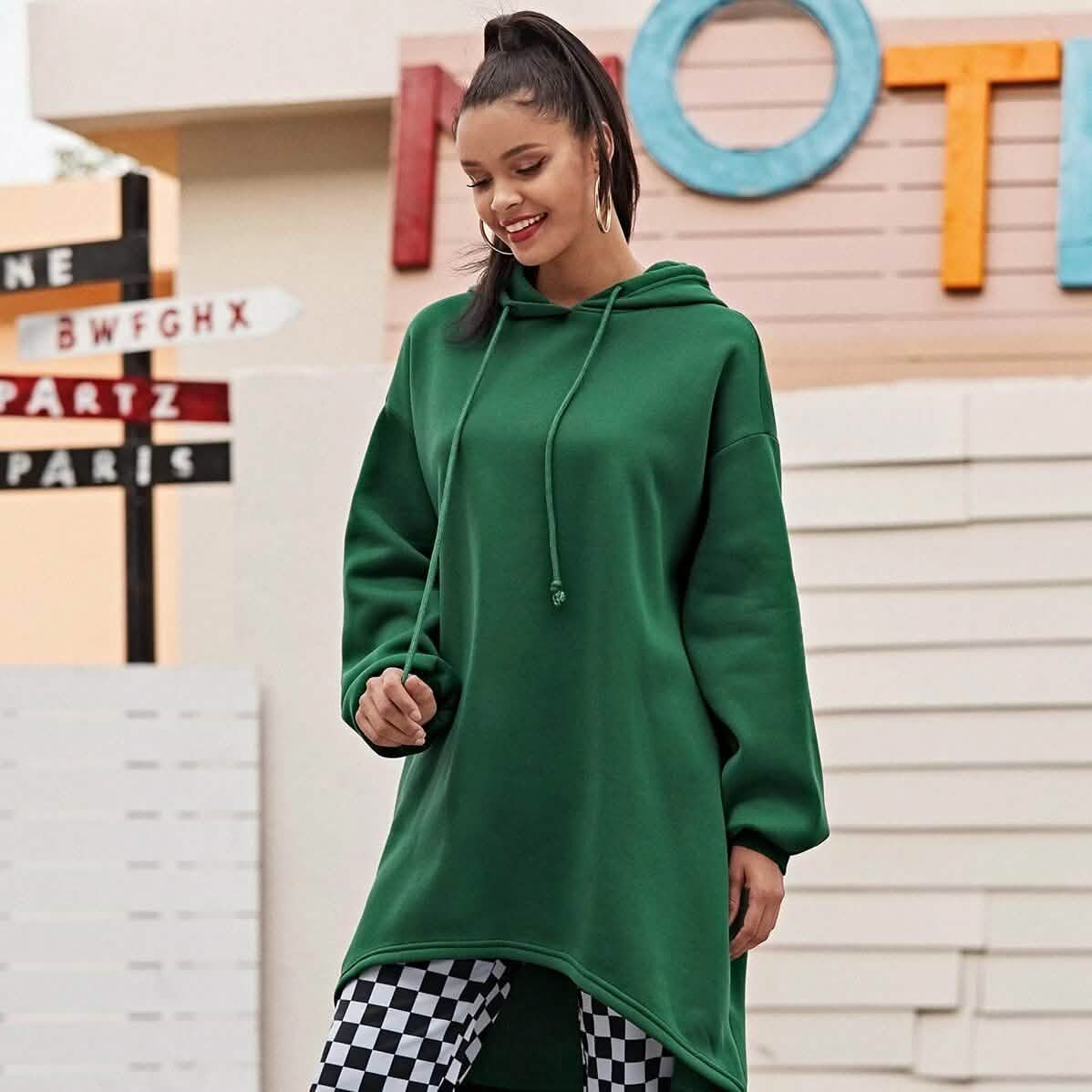 Drop Shoulder Dip Hem Thermal Longline Hoodie DailySale