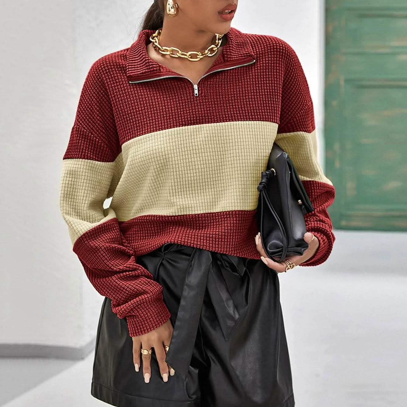 Drop Shoulder Two Tone Textured Half Placket Pullover DailySale
