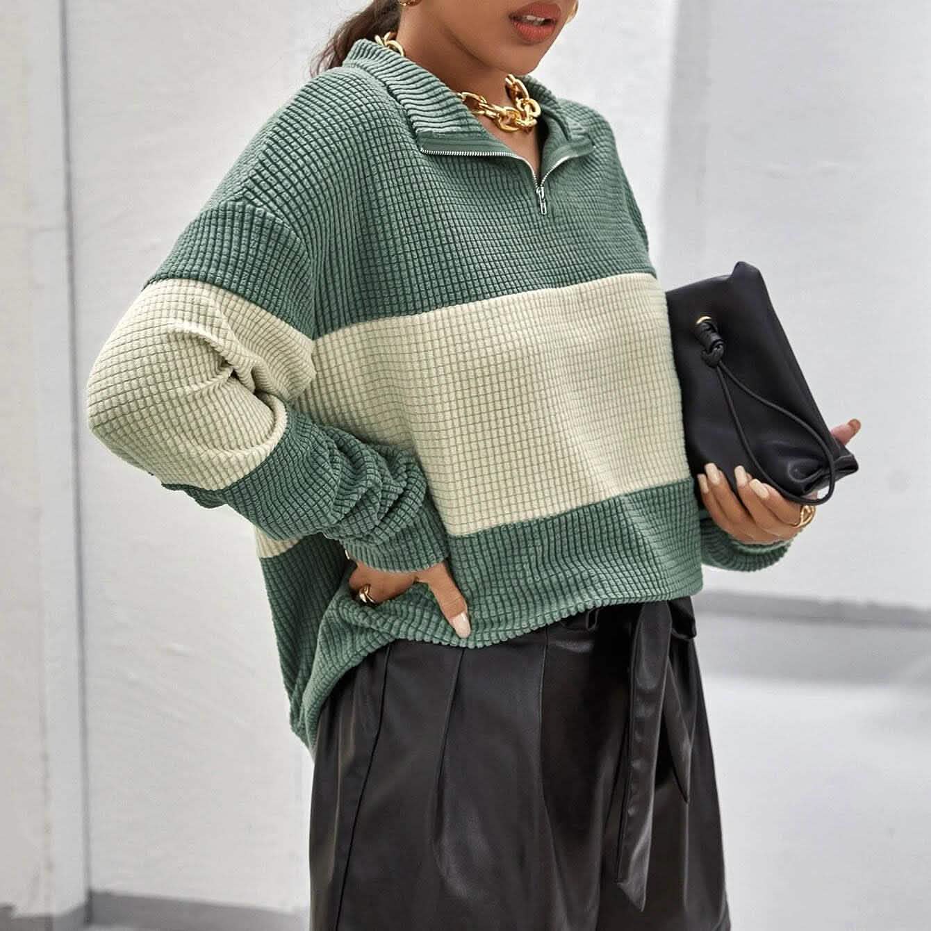 Drop Shoulder Two Tone Textured Half Placket Pullover DailySale