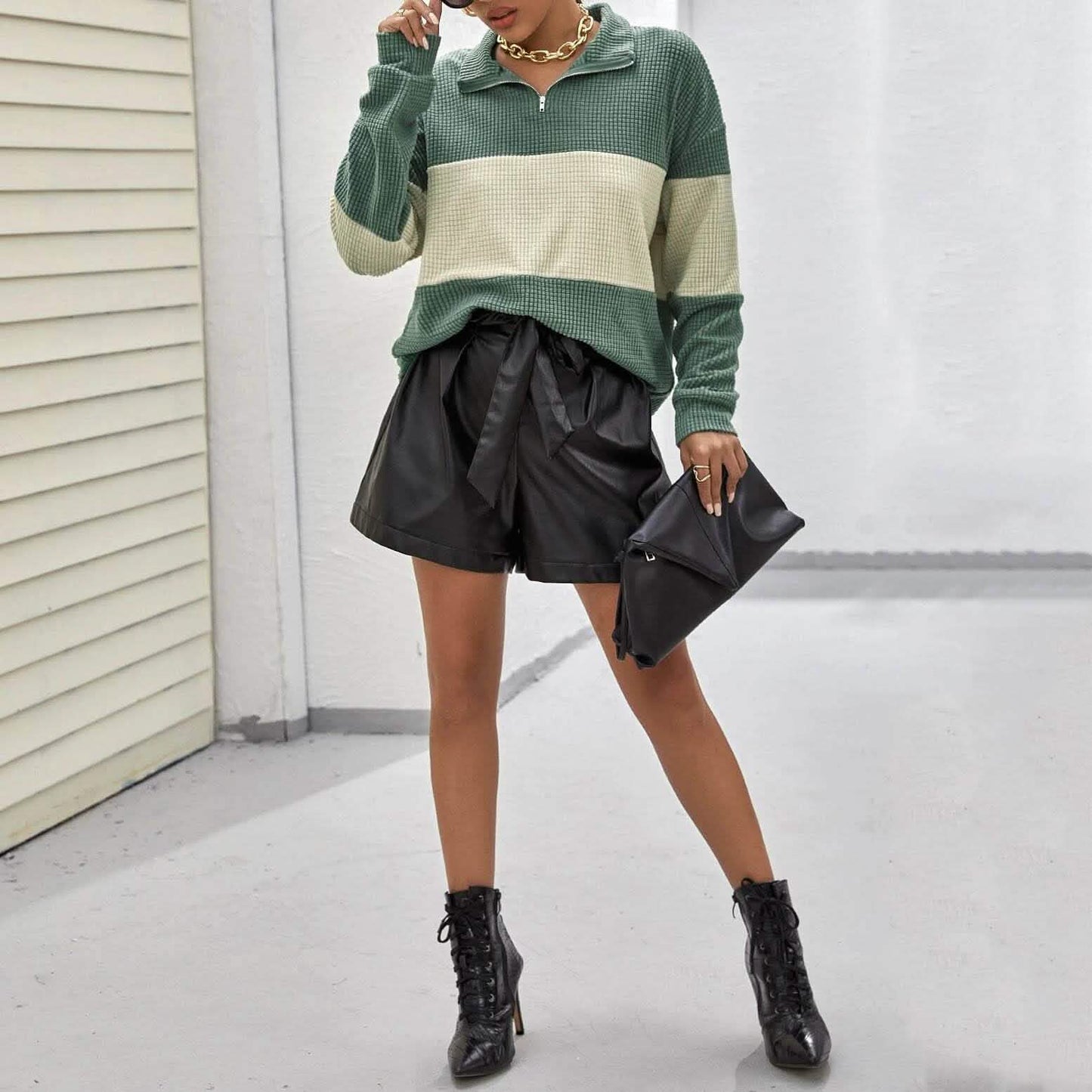 Drop Shoulder Two Tone Textured Half Placket Pullover DailySale