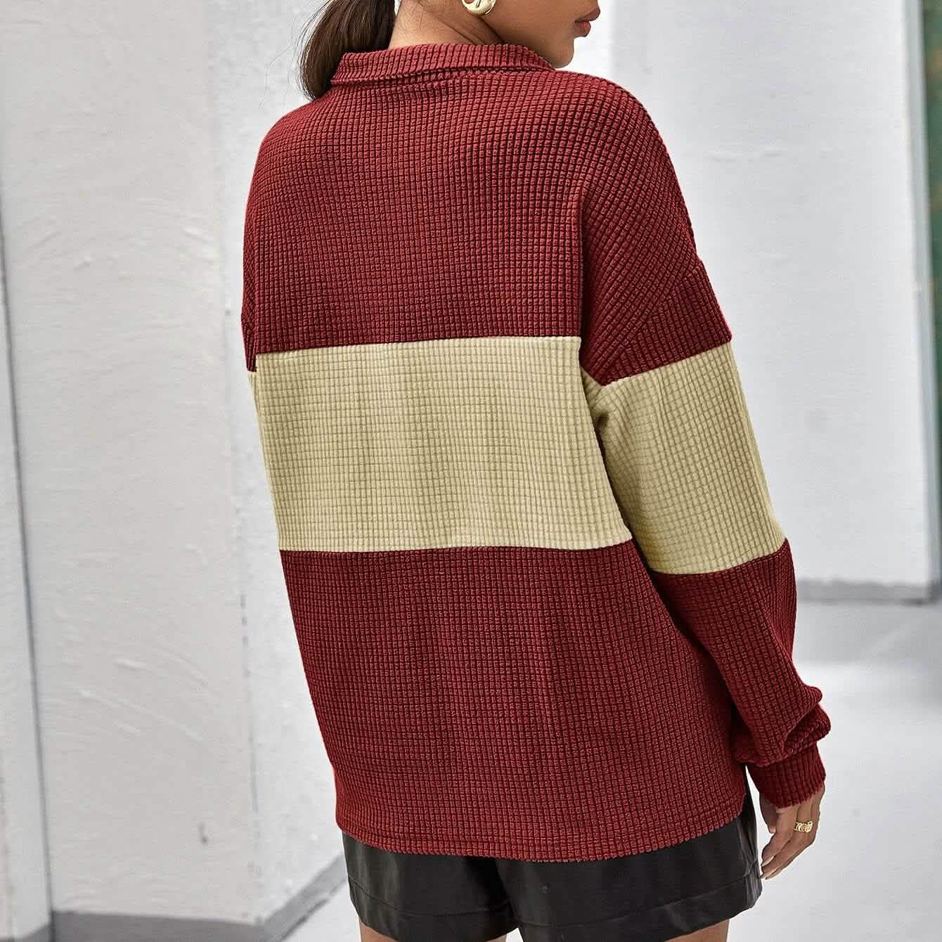 Drop Shoulder Two Tone Textured Half Placket Pullover DailySale